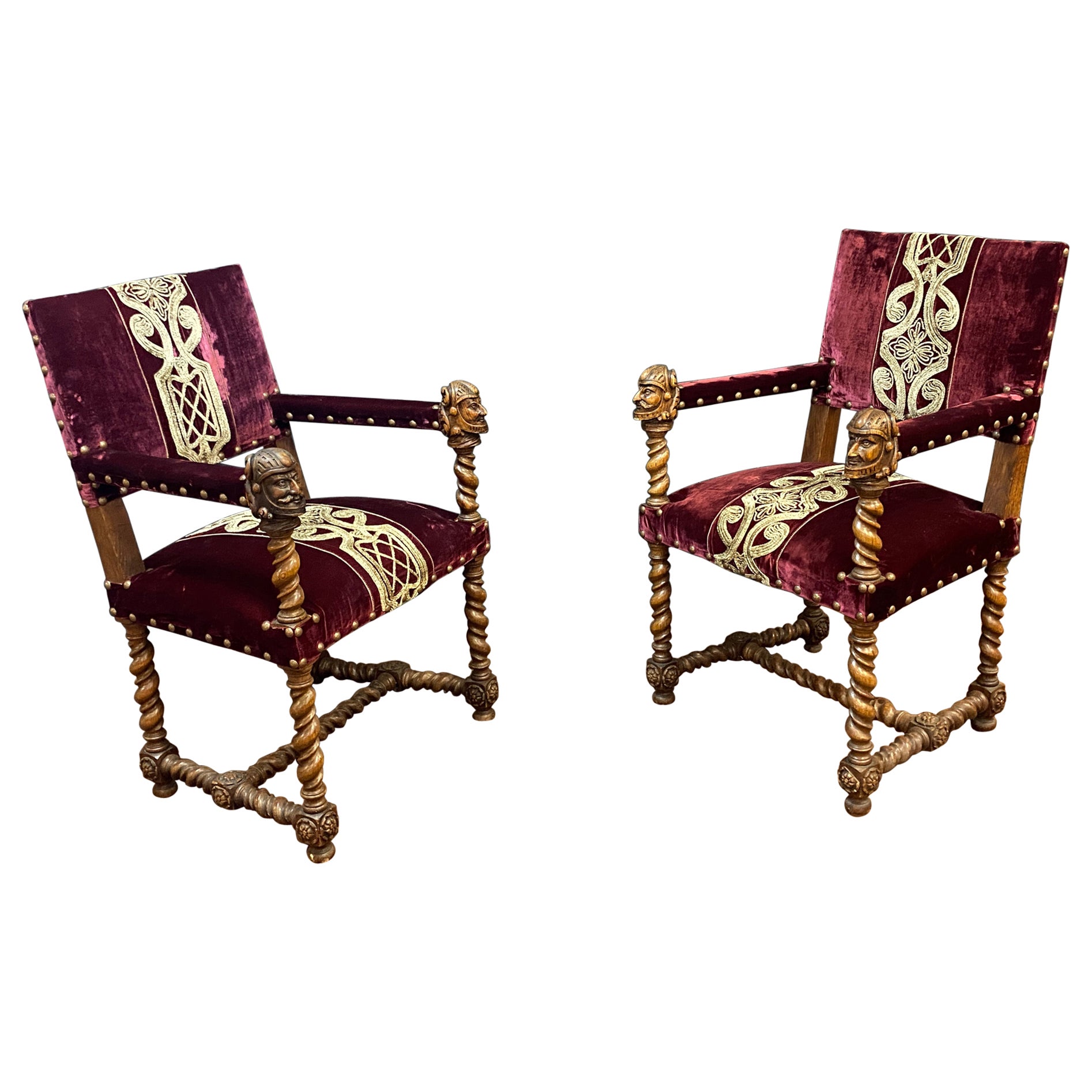 Pair of original Louis XIII style armchairs in oak circa 1930, new fabric For Sale
