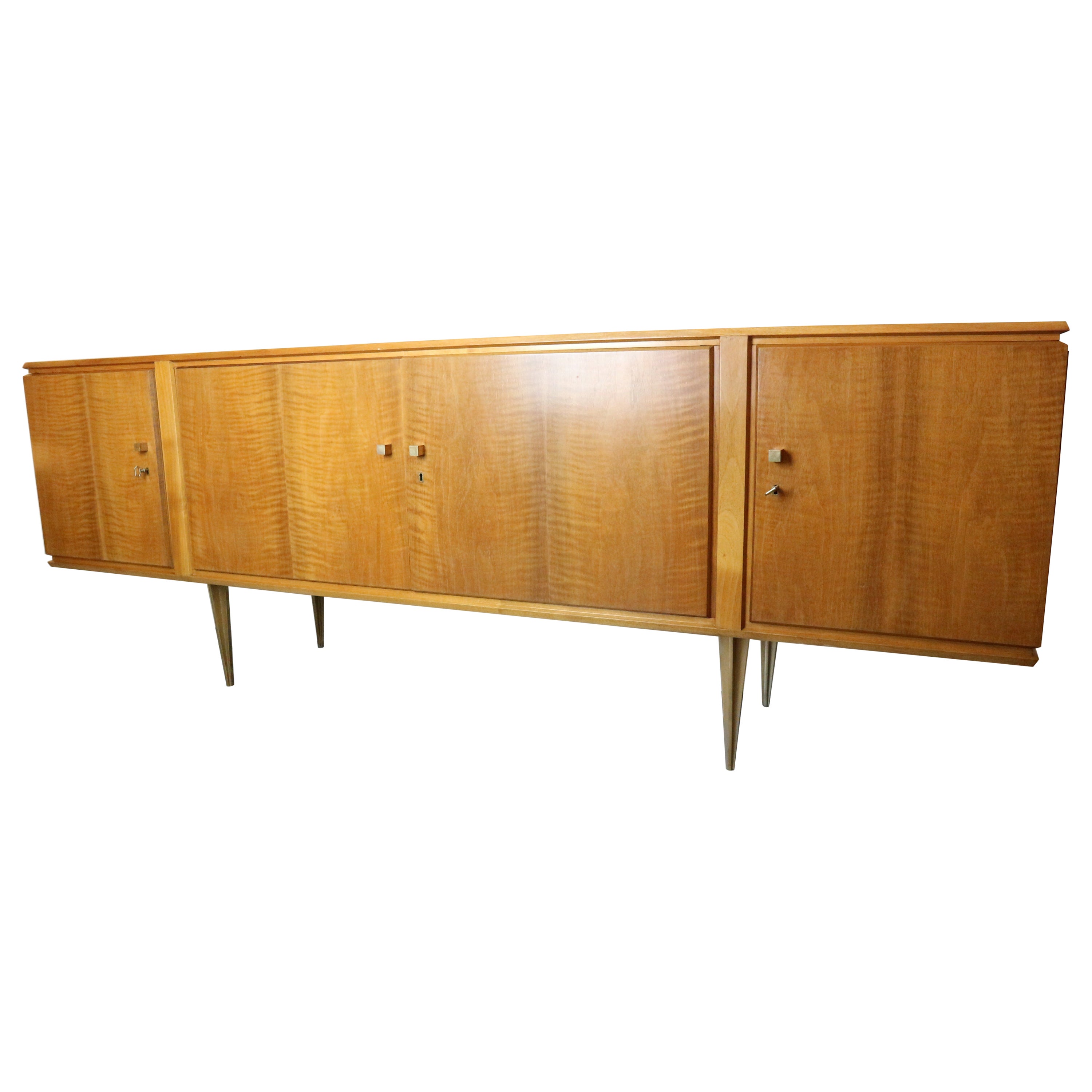 Vintage brass / light wood exclusive sideboard with drawers and shelves, 1960s For Sale