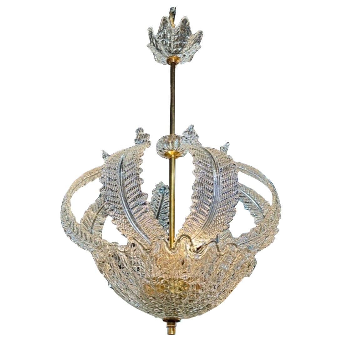 Vintage Murano Glass and Brass Leaf Chandelier after Barovier For Sale