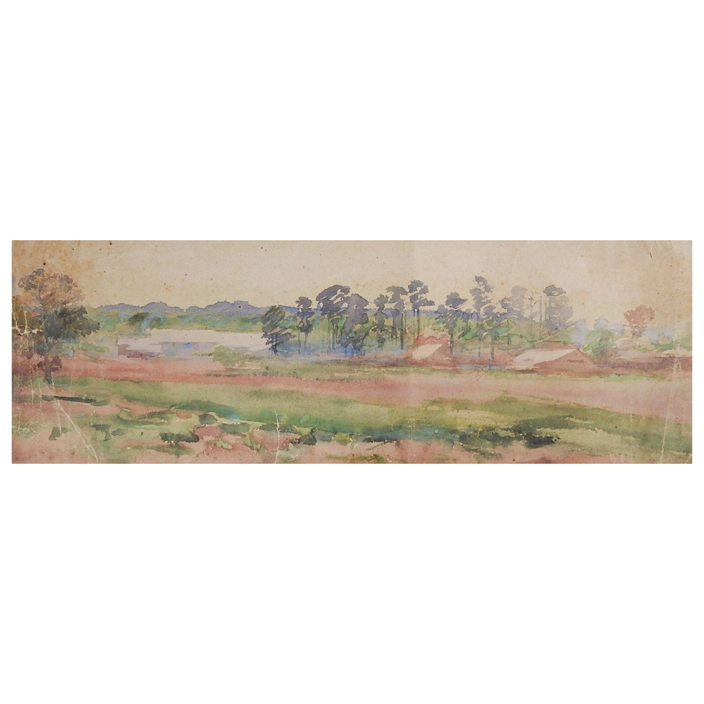 Antique Distressed Long Format Landscape Watercolor Painting