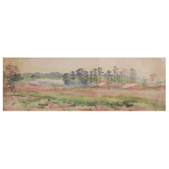 Antique Distressed Long Format Landscape Watercolor Painting
