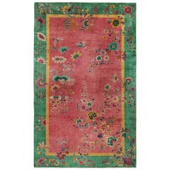 Antique Chinese Art Deco Rug in Pink & Green With Florals, From Rug & Kilim