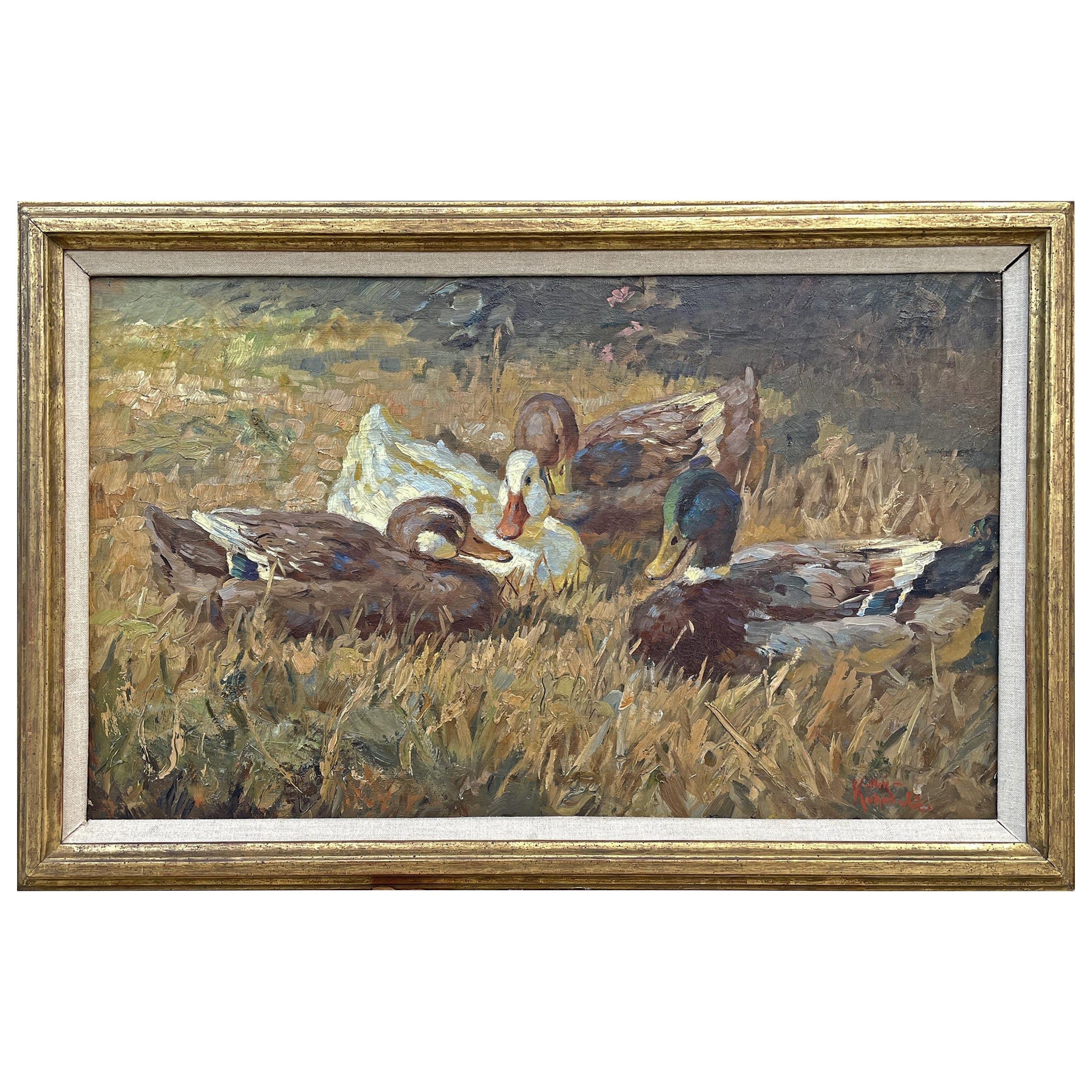 Ducks Oil on Canvas Painting by Keller-Kühne Josef  Woldemar For Sale