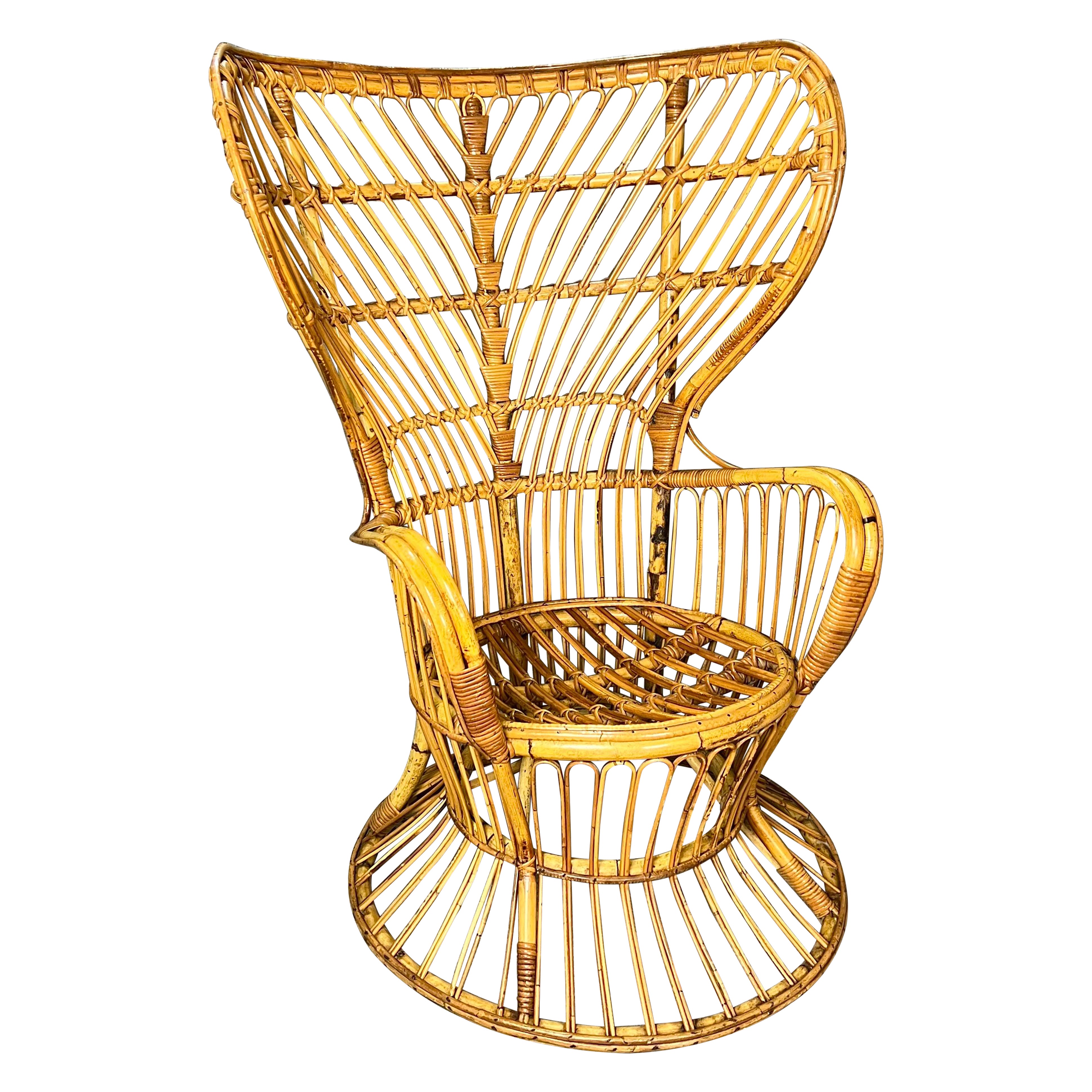 Armchair Bamboo Rattan In the Style of Gio Ponti Lio Carminati Midcentury 1950s