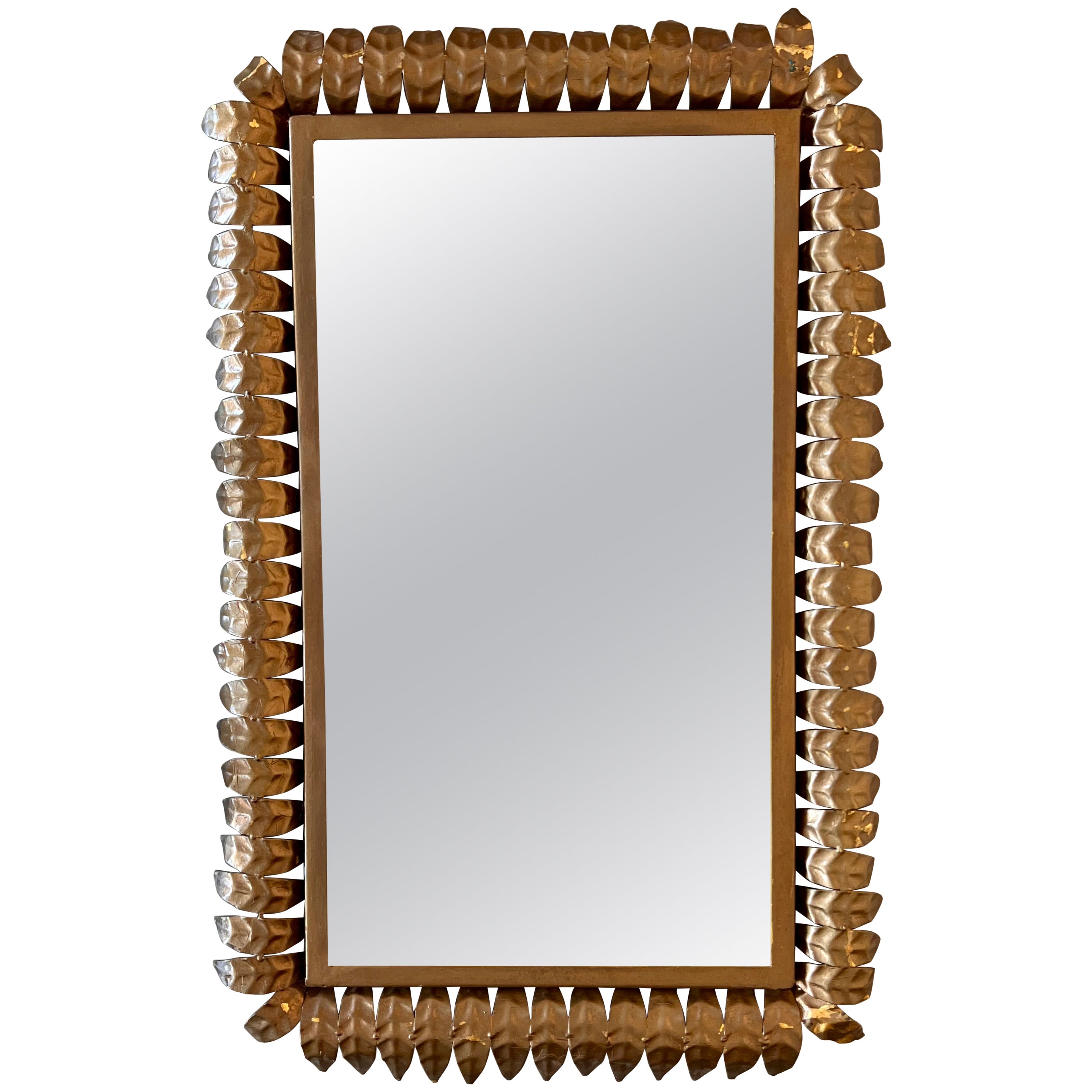 French Mid-Century Modern Neoclassical Gilt Iron Rectangular Sunburst Mirror For Sale