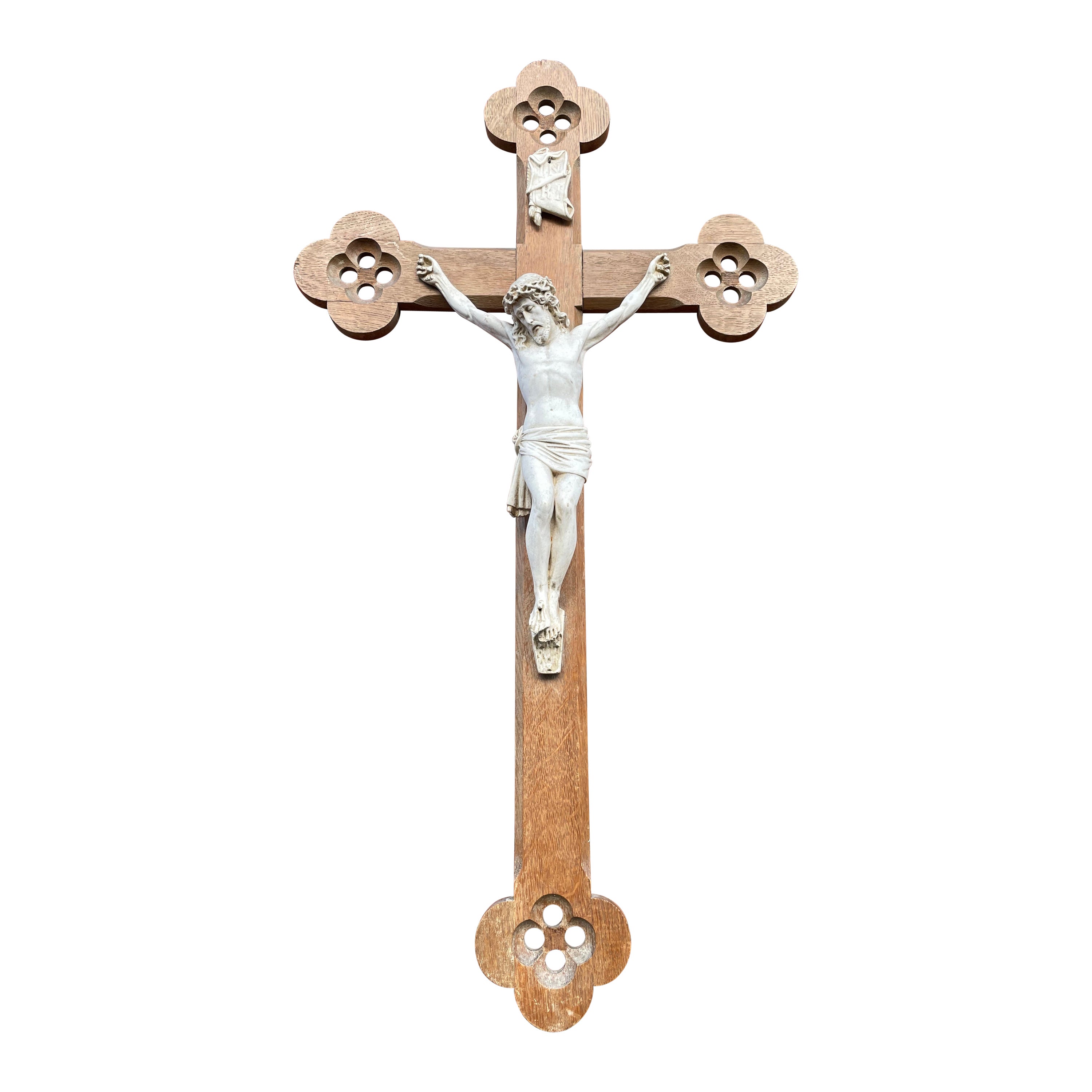 Antique Hand Carved Gothic Revival Wall Crucifix w. White Clay Corpus of Christ For Sale