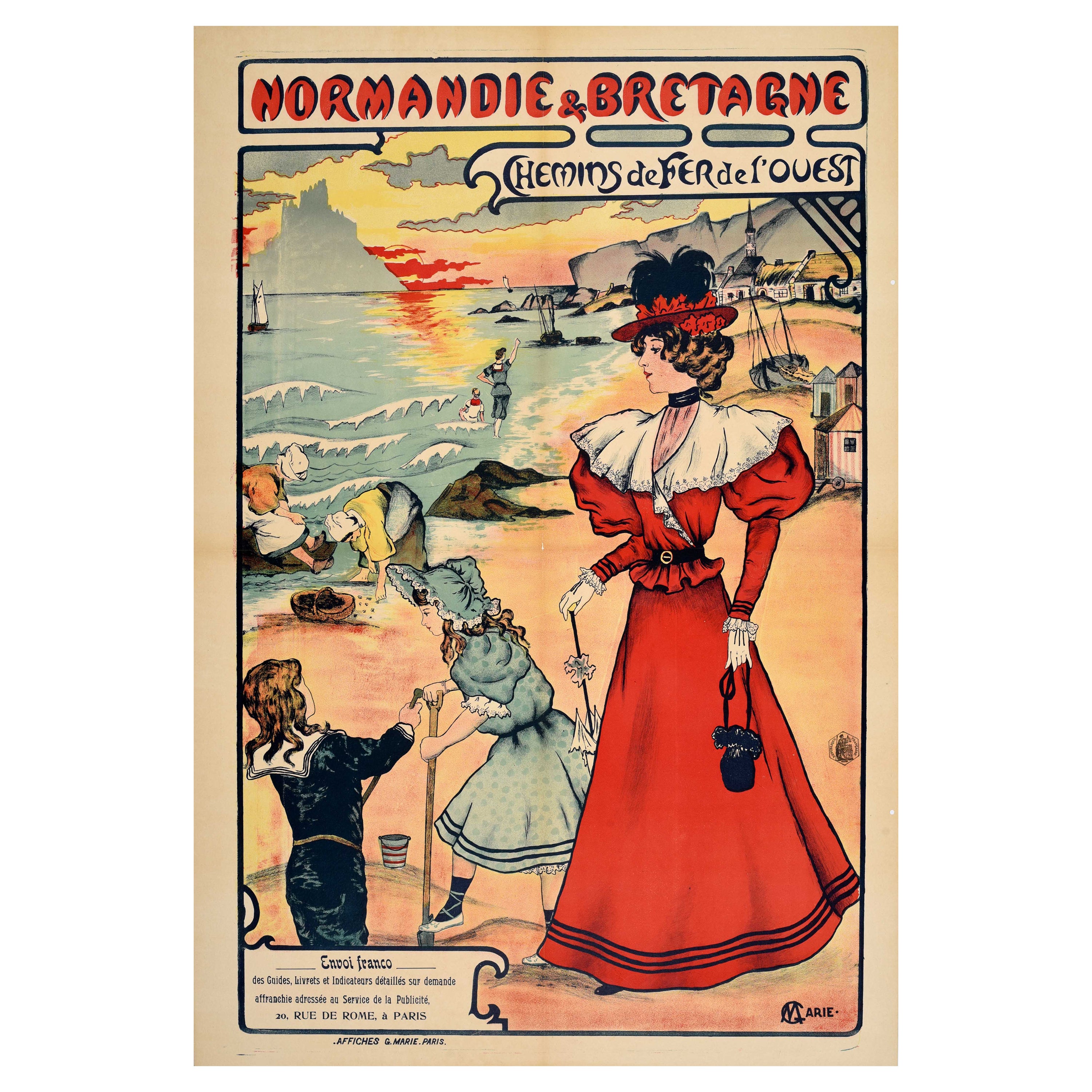 Original Antique Train Travel Poster Normandy Brittany French Western Railway