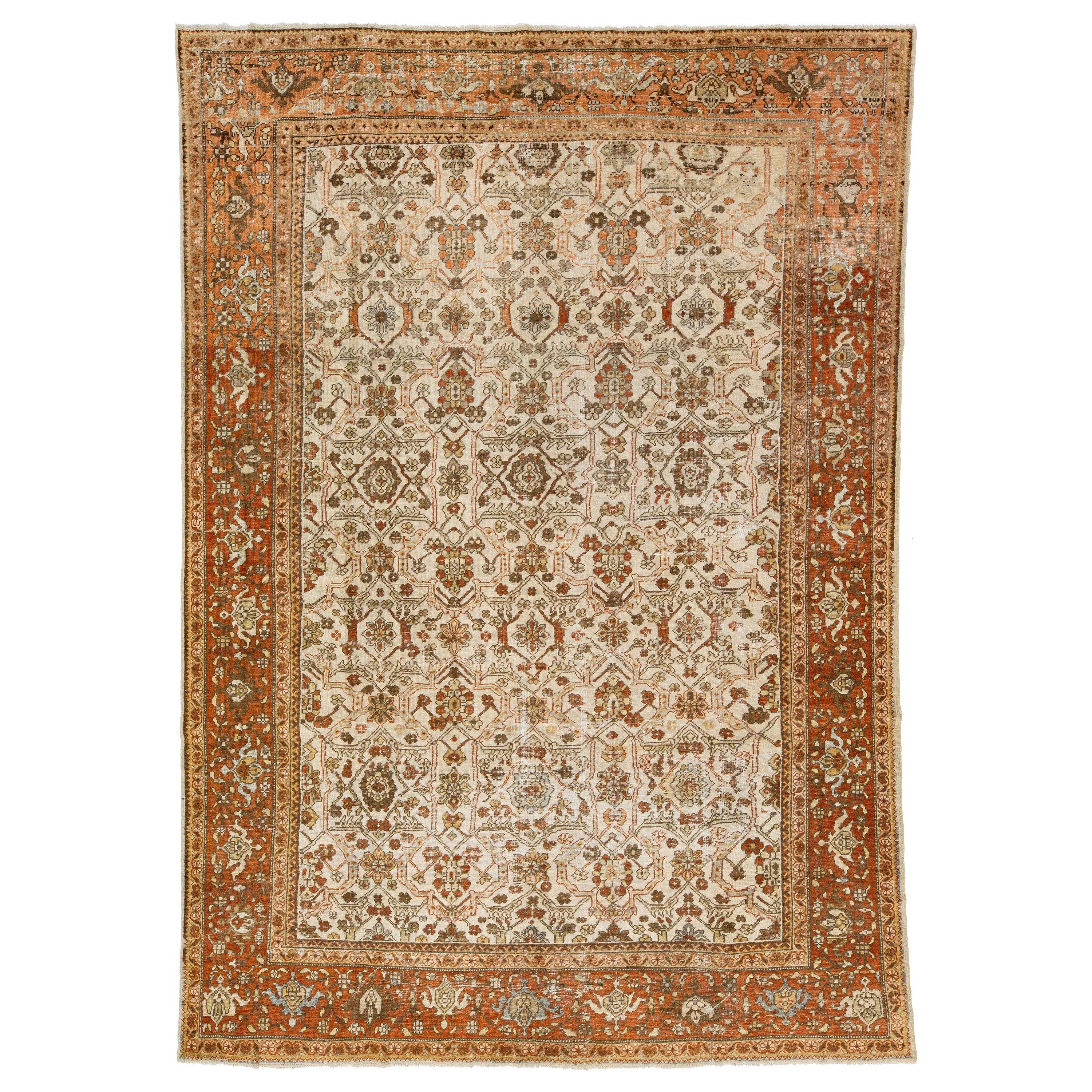 Beige Vintage Mahal Handmade Persian Wool Rug With Allover Motif  For Sale