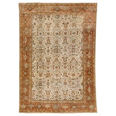 Tapis Mahal vintage fait à la main en laine persane beige avec motif sur toute la surface 
