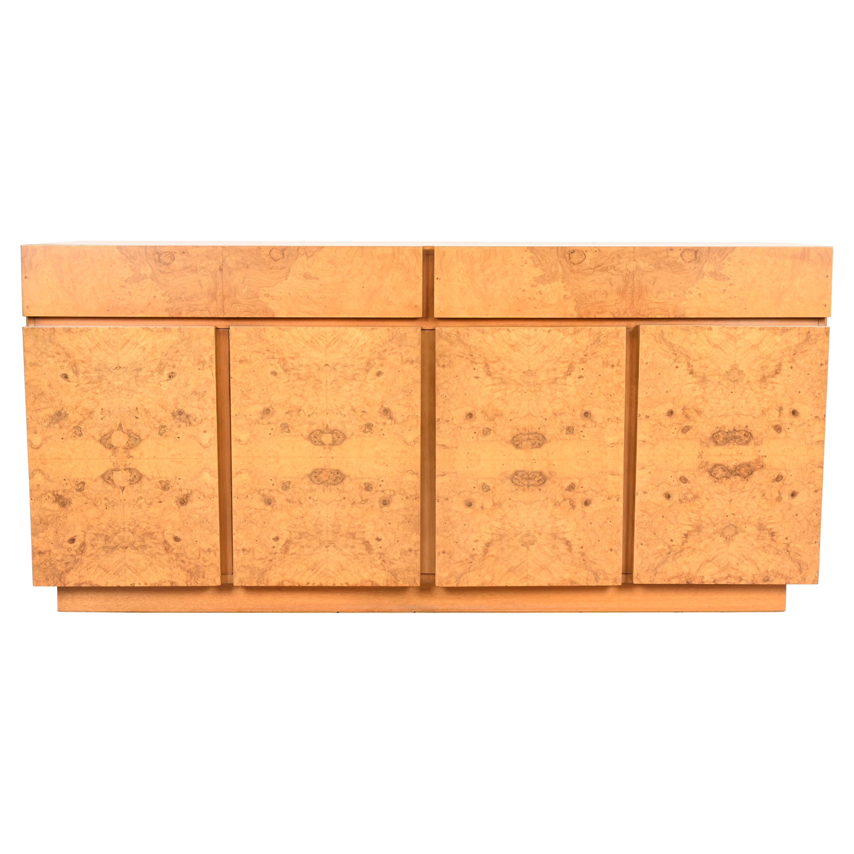 Milo Baughman Style Burl Wood Sideboard, Credenza, or Bar Cabinet, Refinished