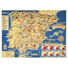 Original Vintage Pictorial Map Poster Spanish Civil War Franco Victory Spain