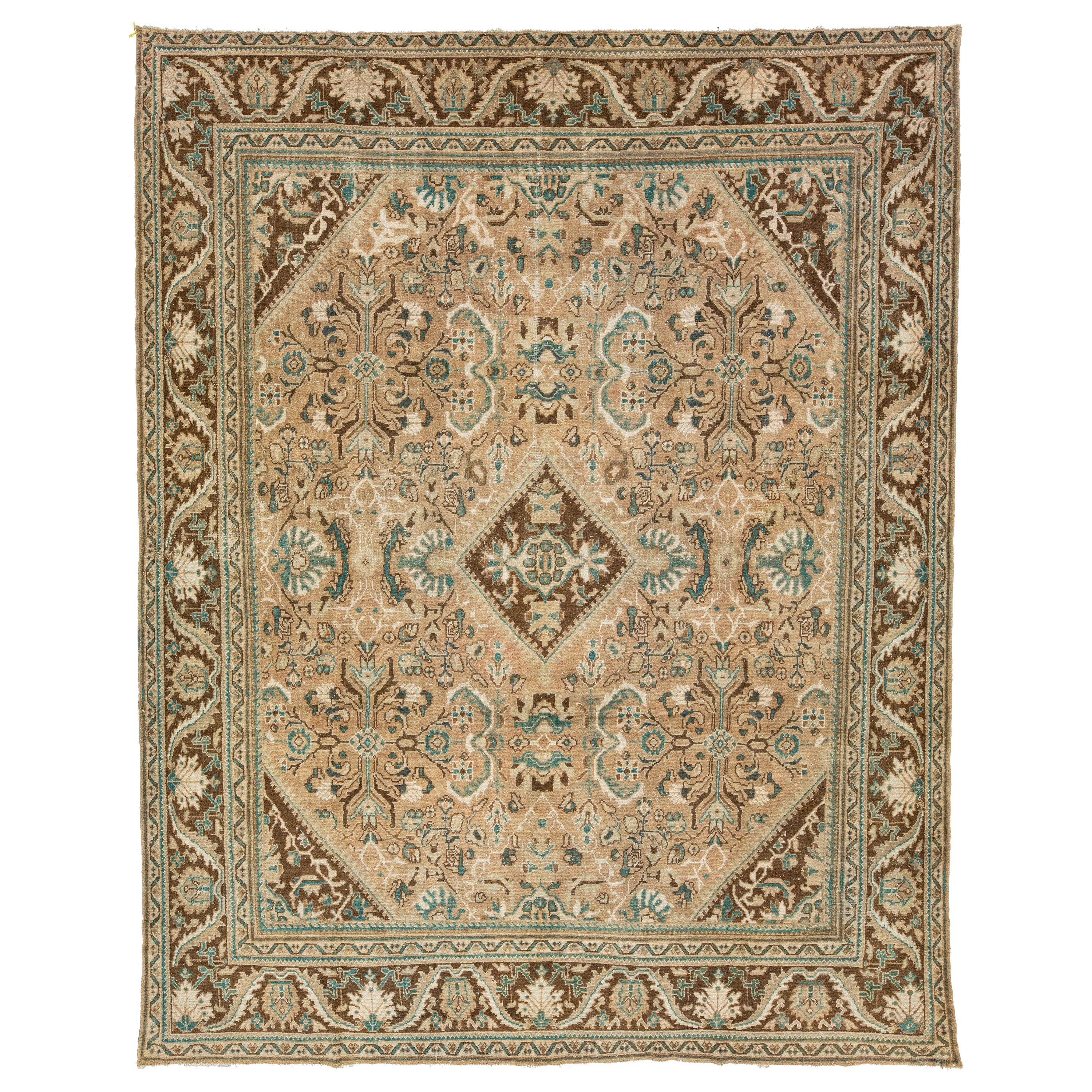 Handmade Vintage Mahal Persian Wool Rug With Floral Pattern In Brown