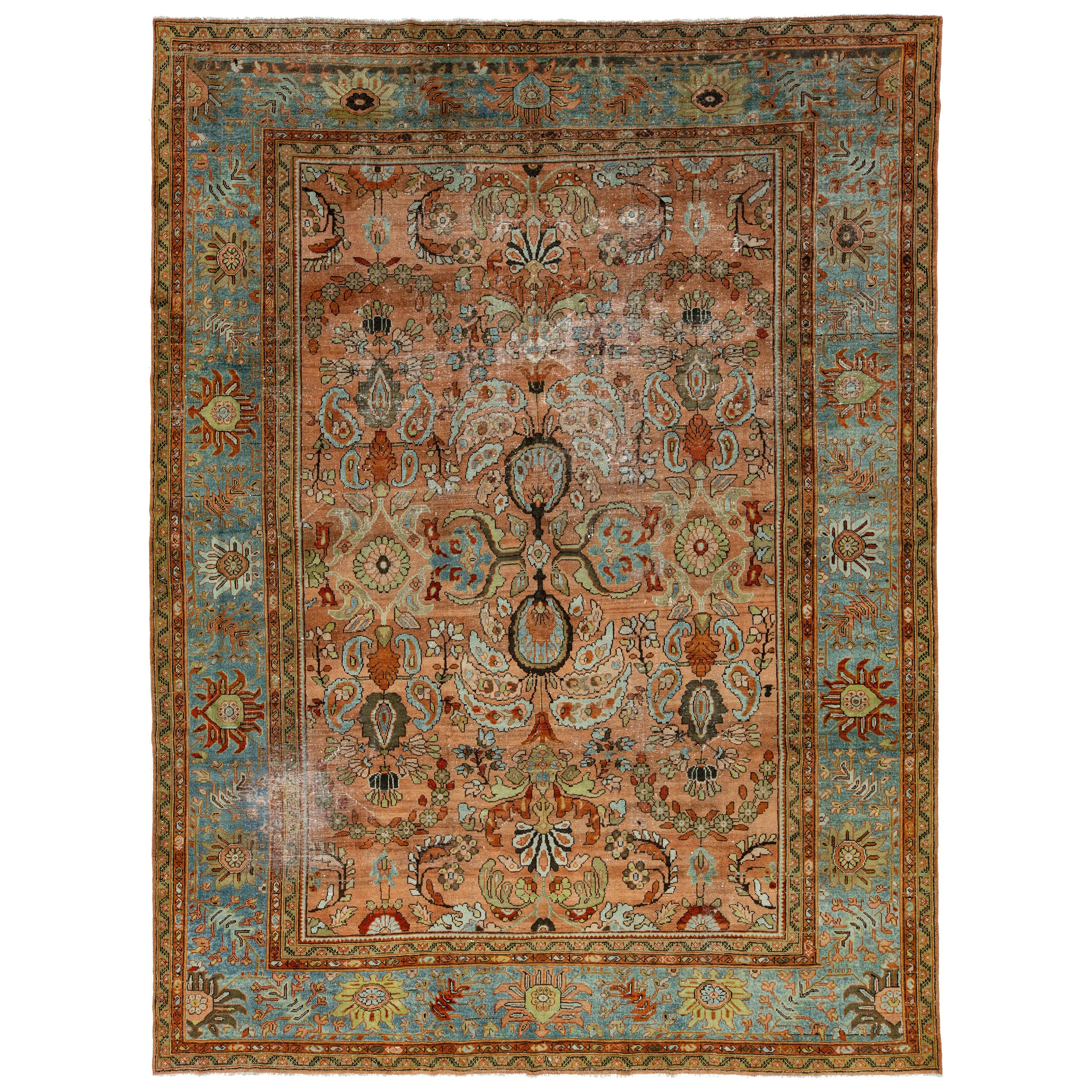 1890s Antique Floral Persian Sultanabad Wool Rug  In Rust 