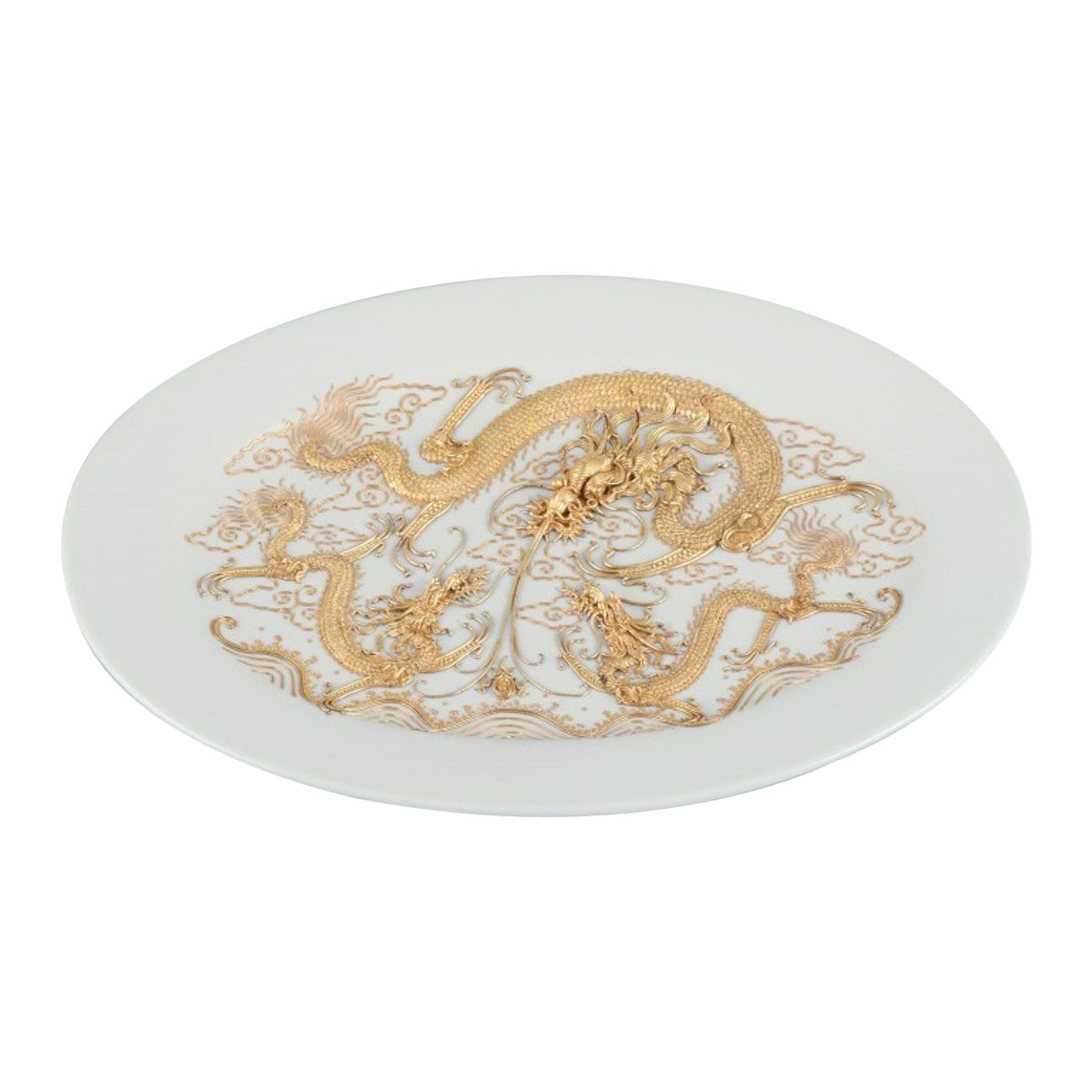 Large oval porcelain platter featuring dragons, in Versace style.
