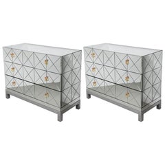 Pair of Italian Modern Mirror, Nickel, Brass and Copper Three-Drawer Chests