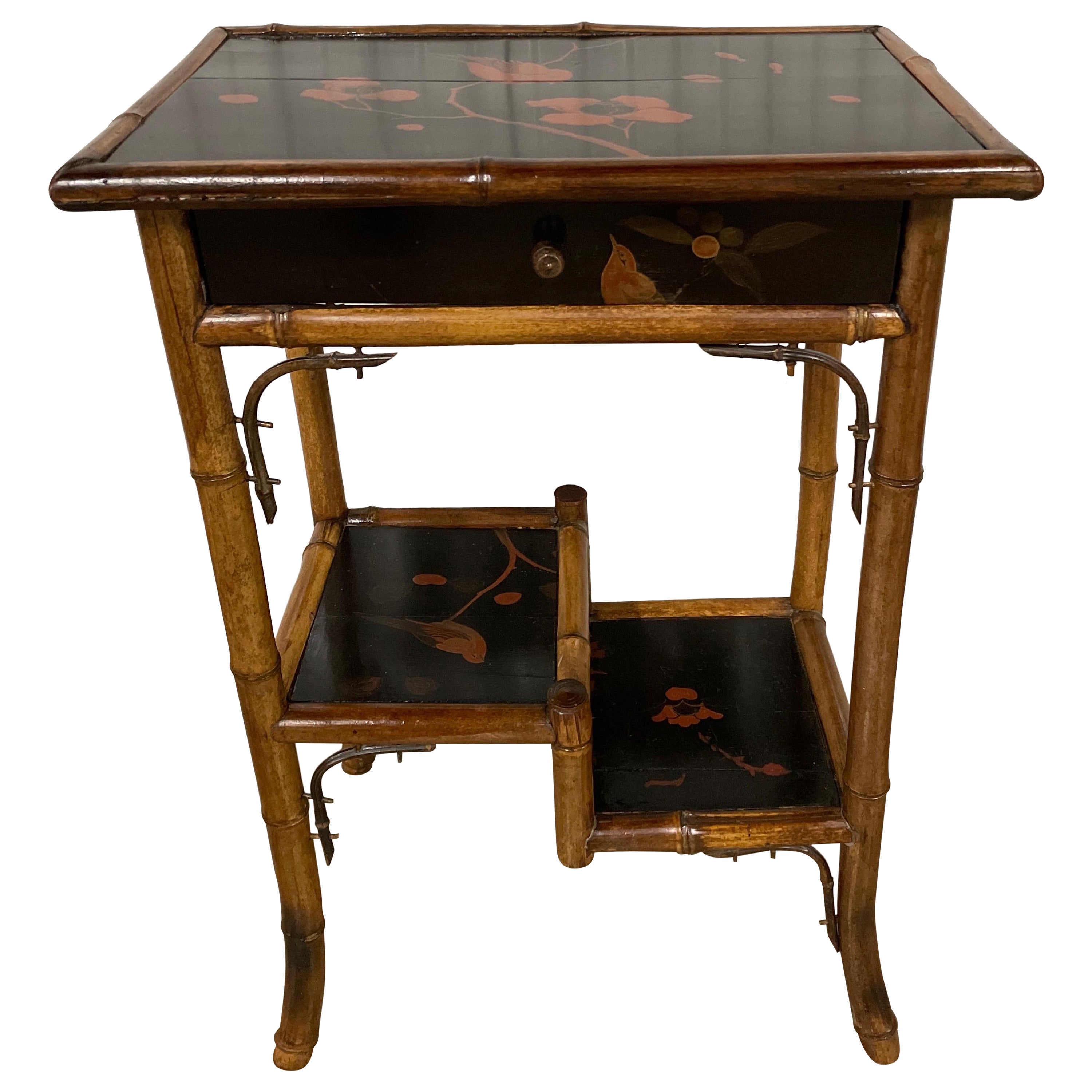 Antique Bamboo Side Table with Single Drawer & Japanned Top  For Sale