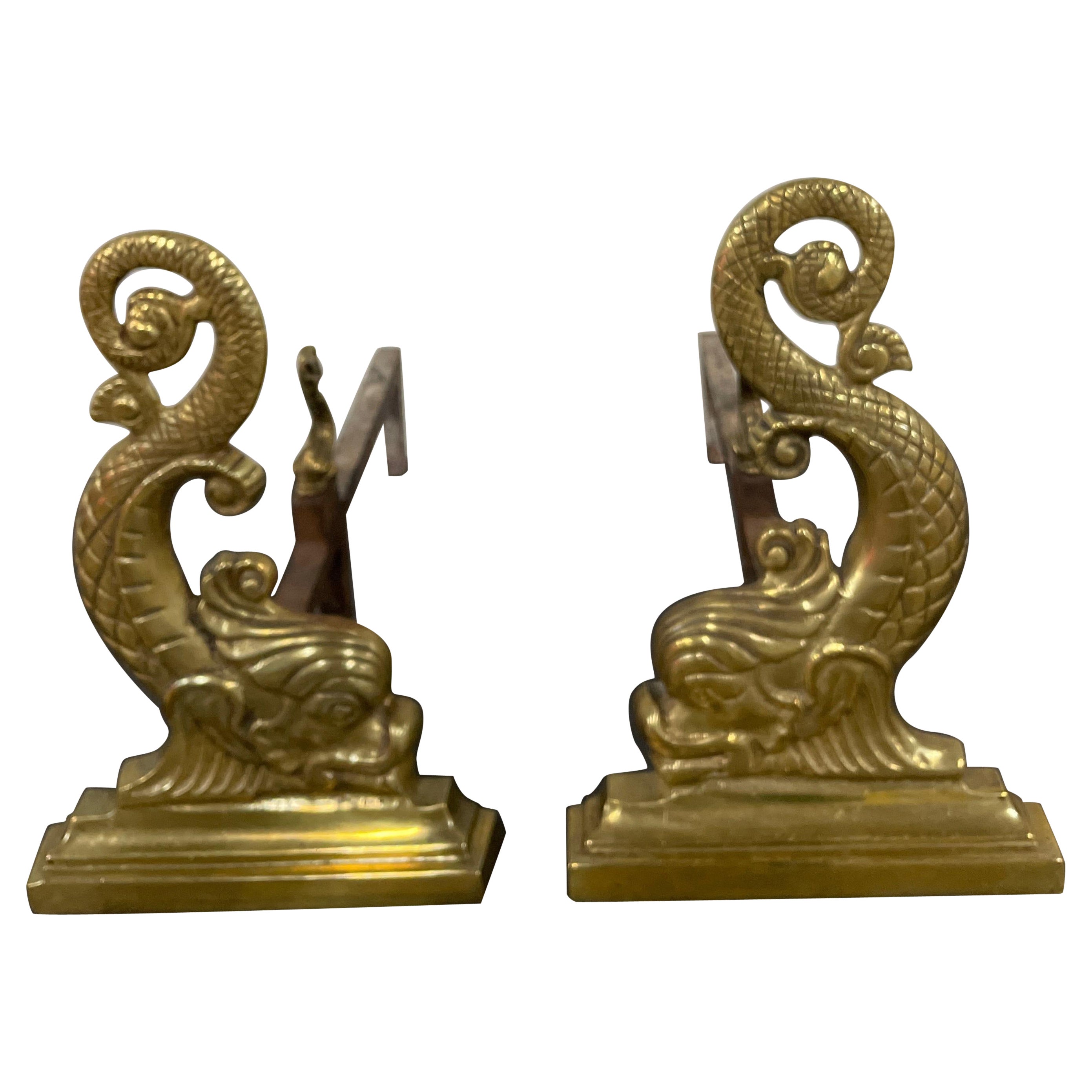 Pair of Antique Solid Brass Dolphin Andirons For Sale