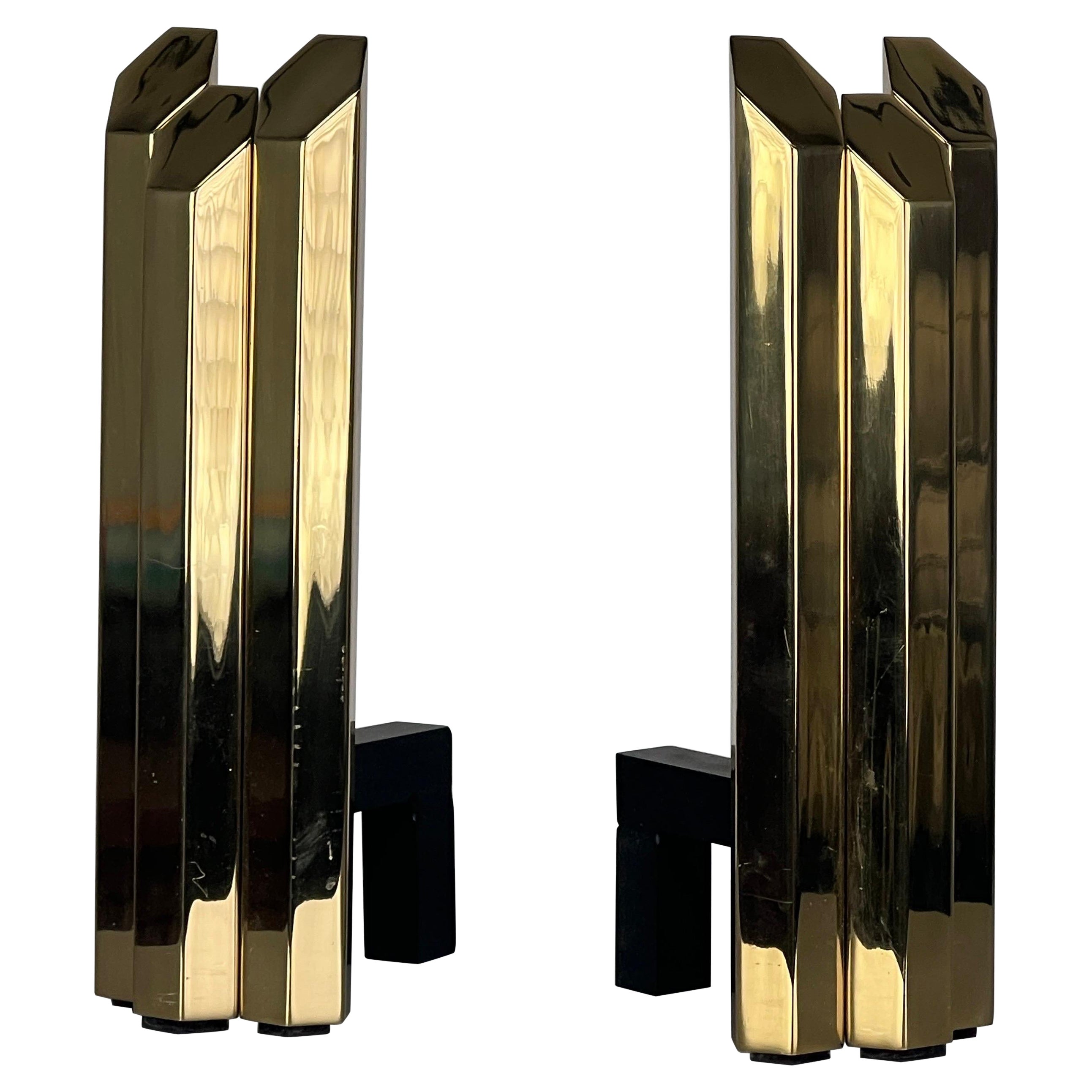 Pair of Solid Brass Hexagonal Andirons  For Sale