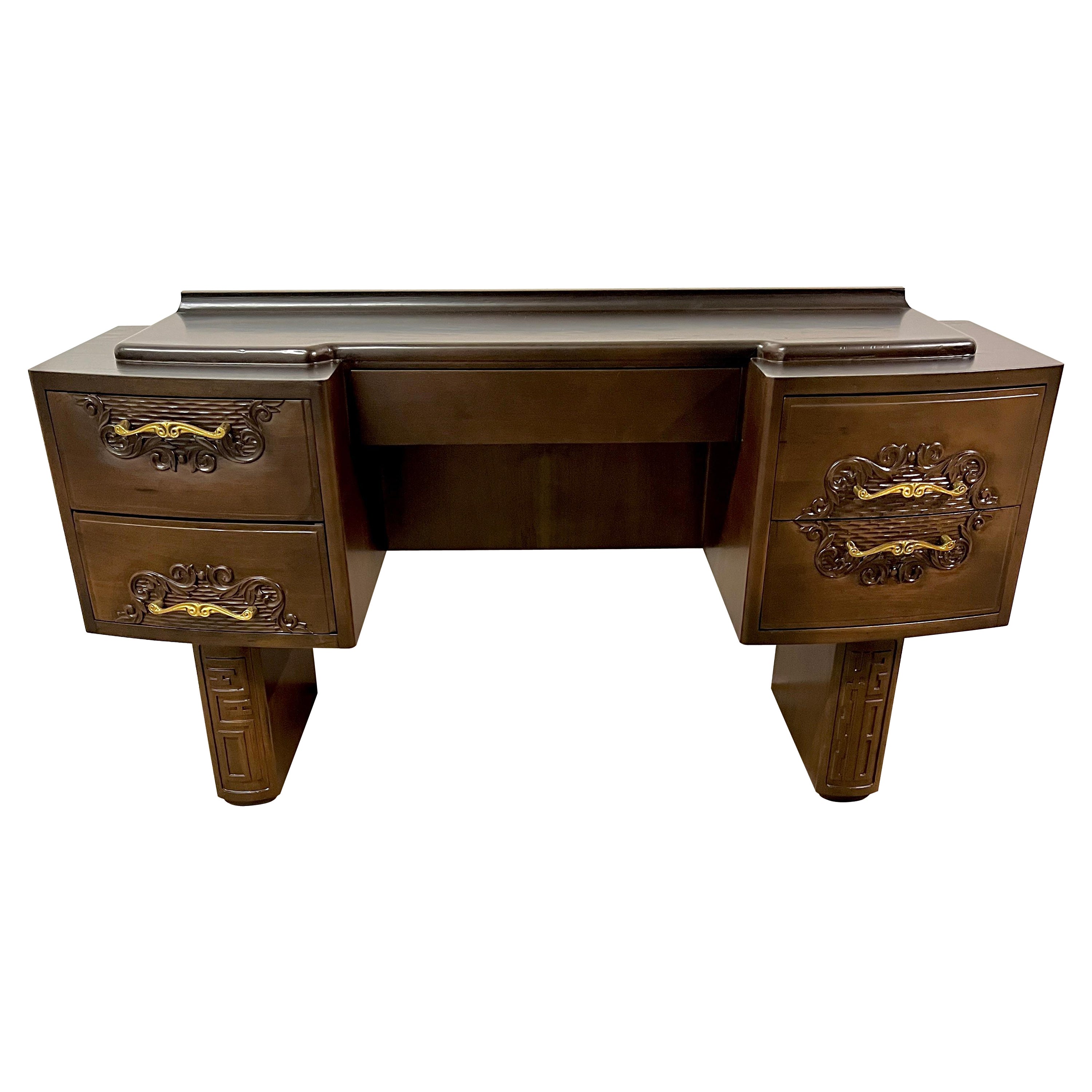French Hand Carved Art Deco Vanity in the Style of Charles Dudouyt 1939-1949 For Sale