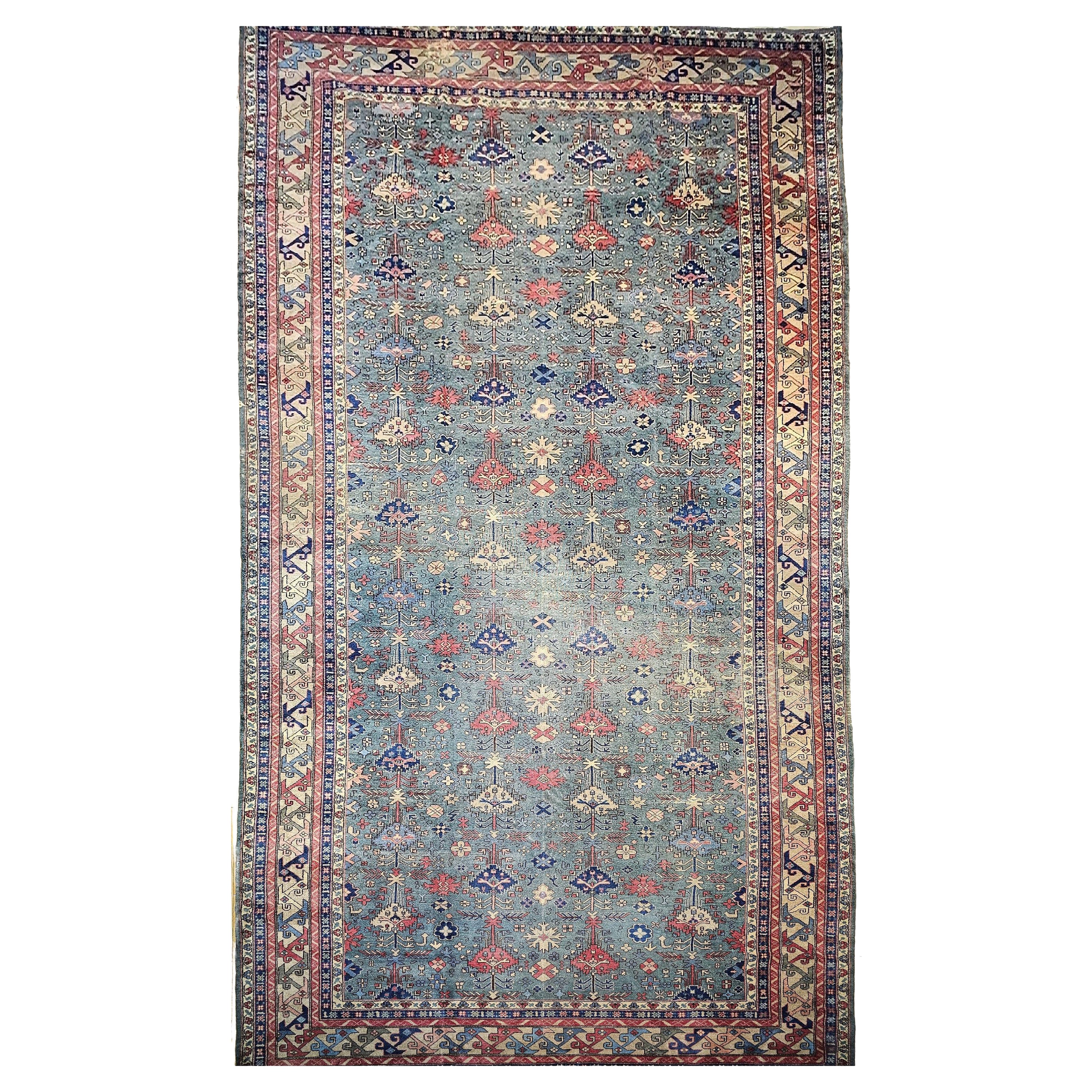 Übergroßer türkischer Vintage-Teppich in Allover-Geometrischem Muster in Teal, Blau, Grün im Angebot
