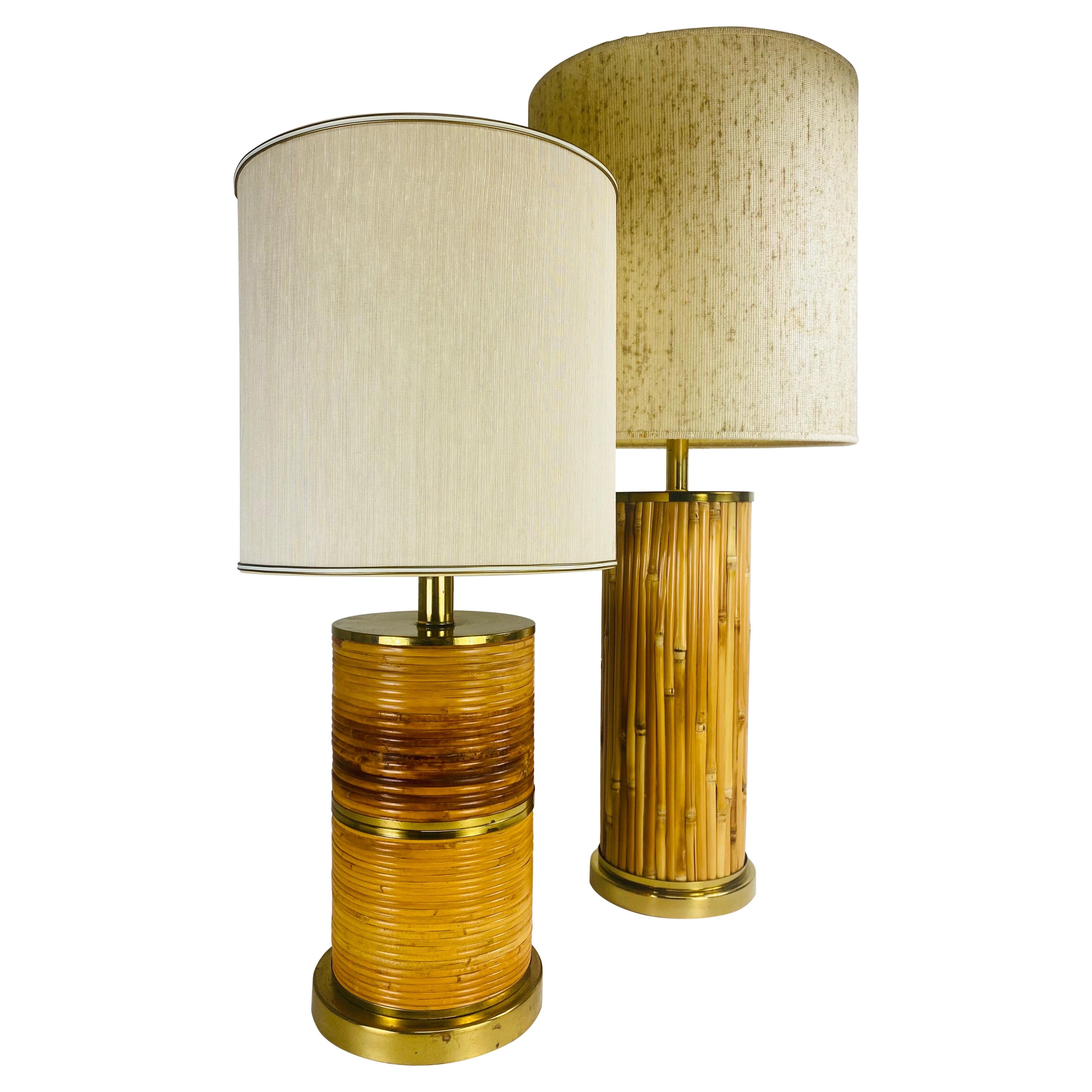Mid century vintage complementary pair of coastal bamboo table lamps