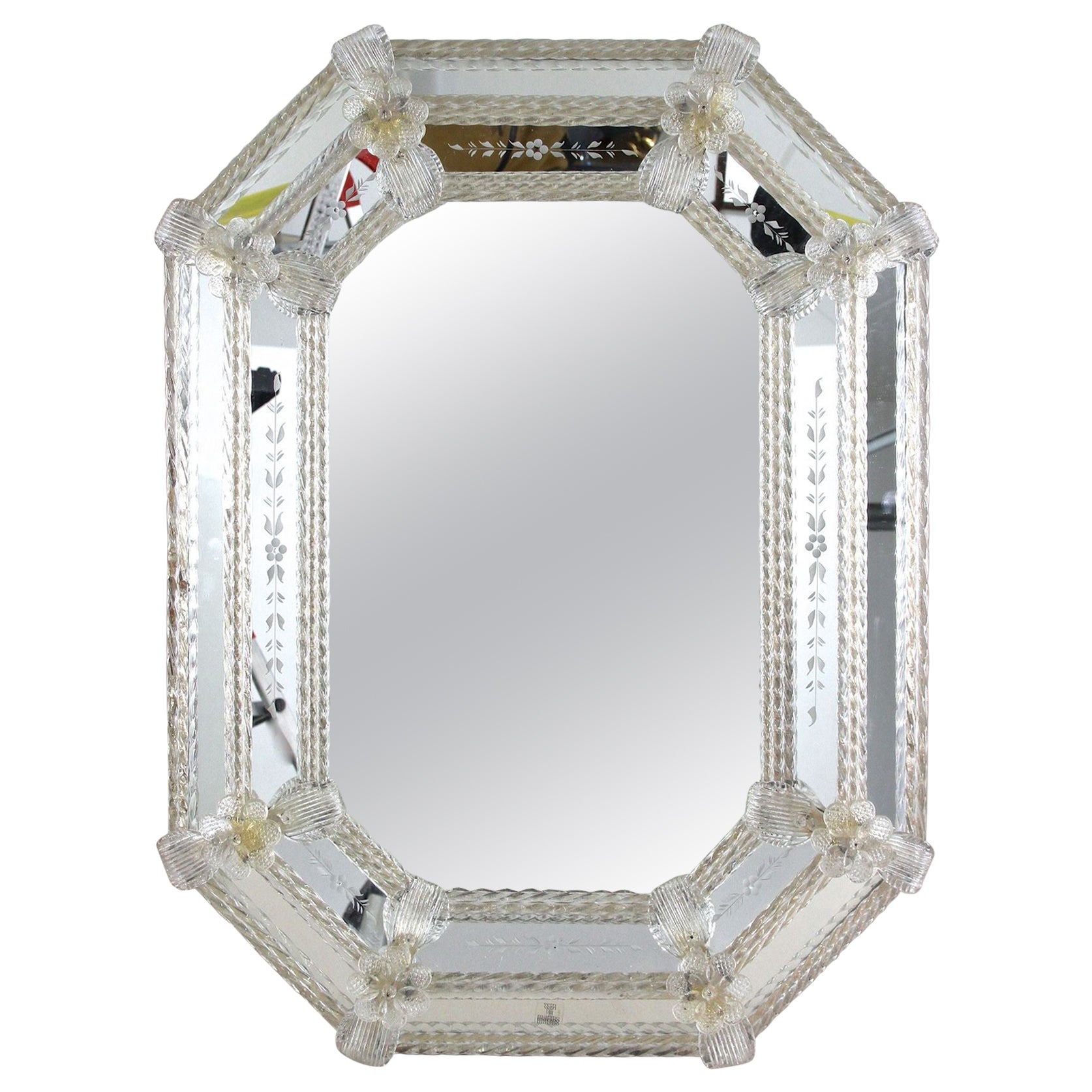 Octagonal Murano Glass Mirror With Engravings/Glass Flowers, Signed, IT, 1970s For Sale