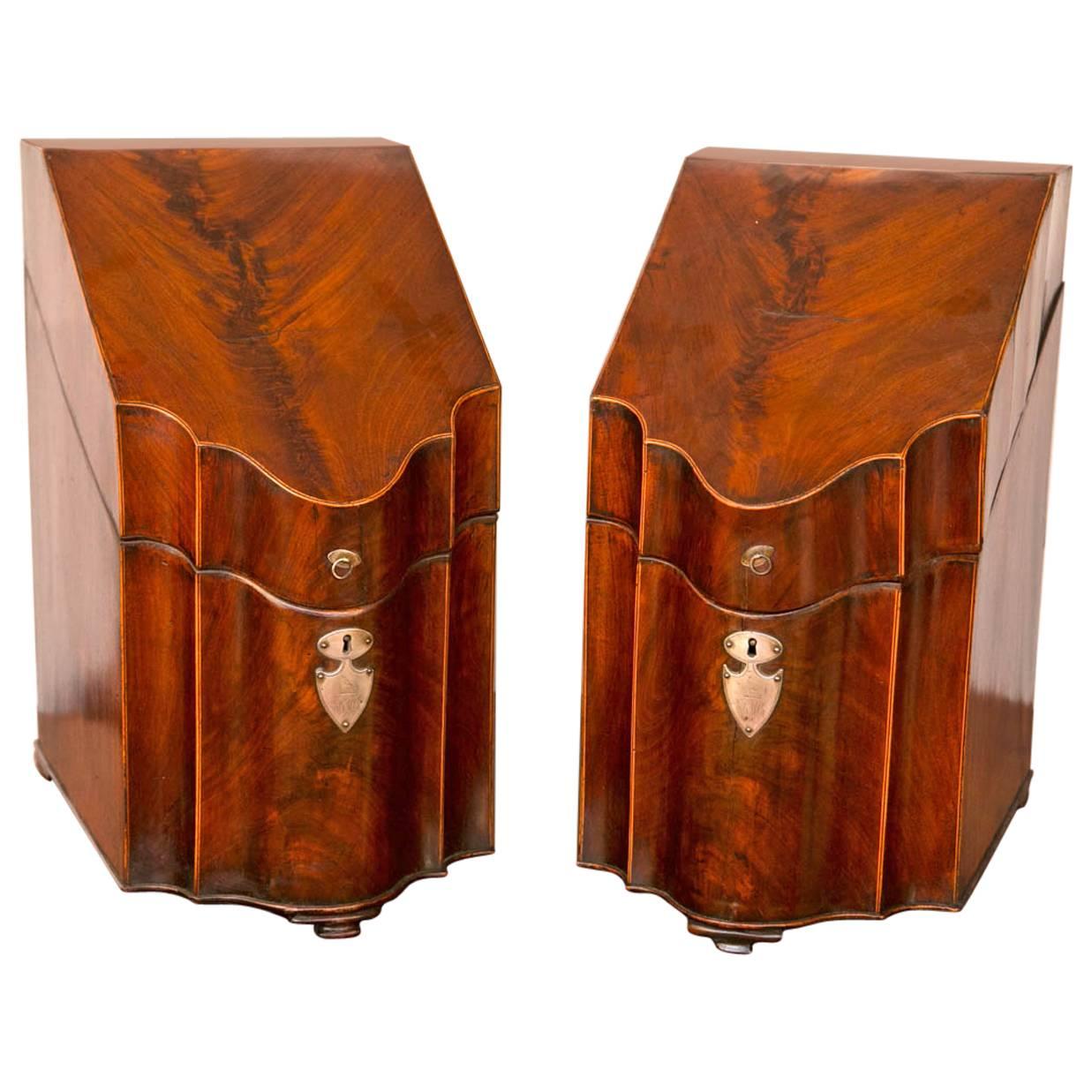 Pair of George III Figured Mahogany Inlaid Cutlery Boxes For Sale