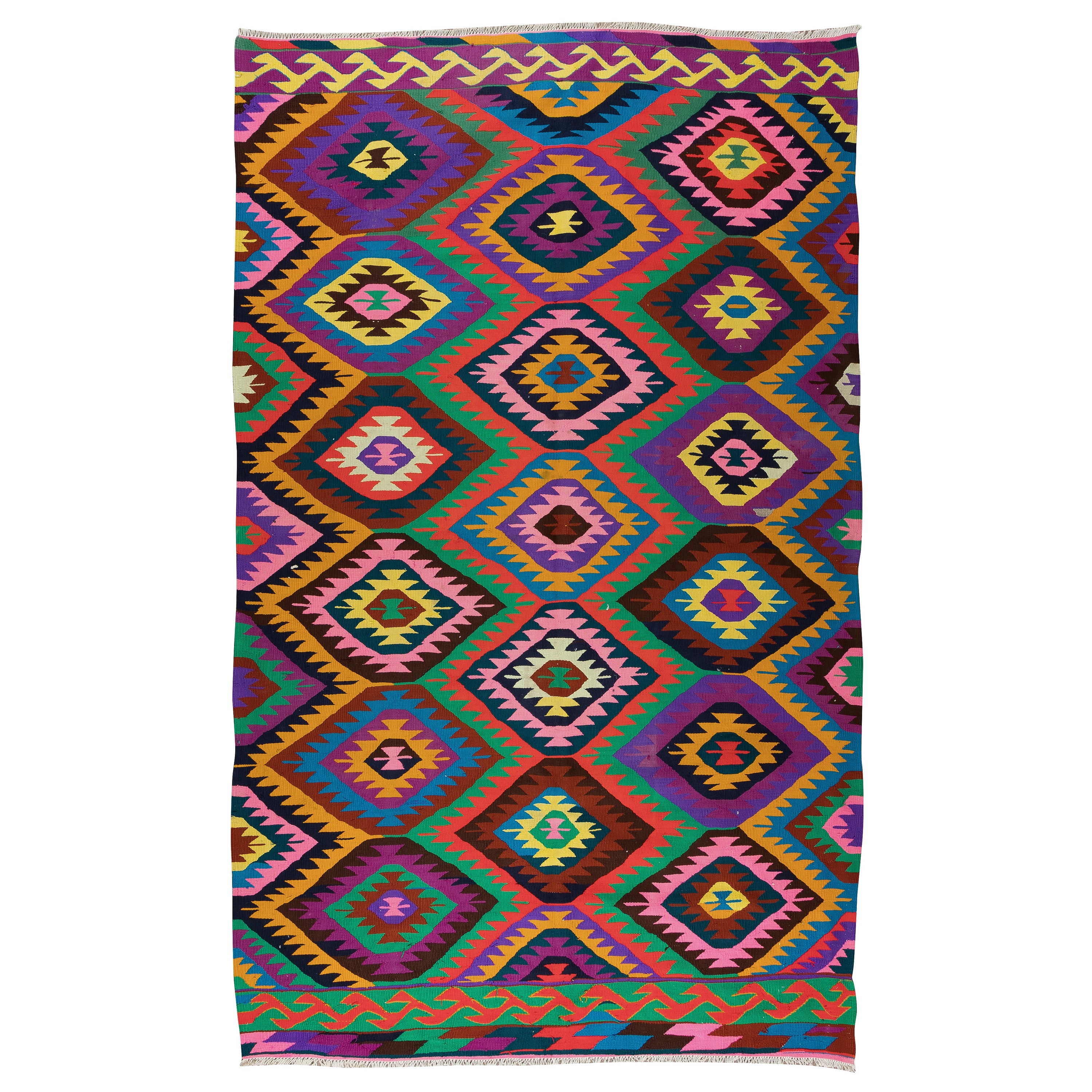 5.4x8.8 Ft Dazzling Handmade Turkish Kilim. Colorful Flat-Weave Rug. All Wool