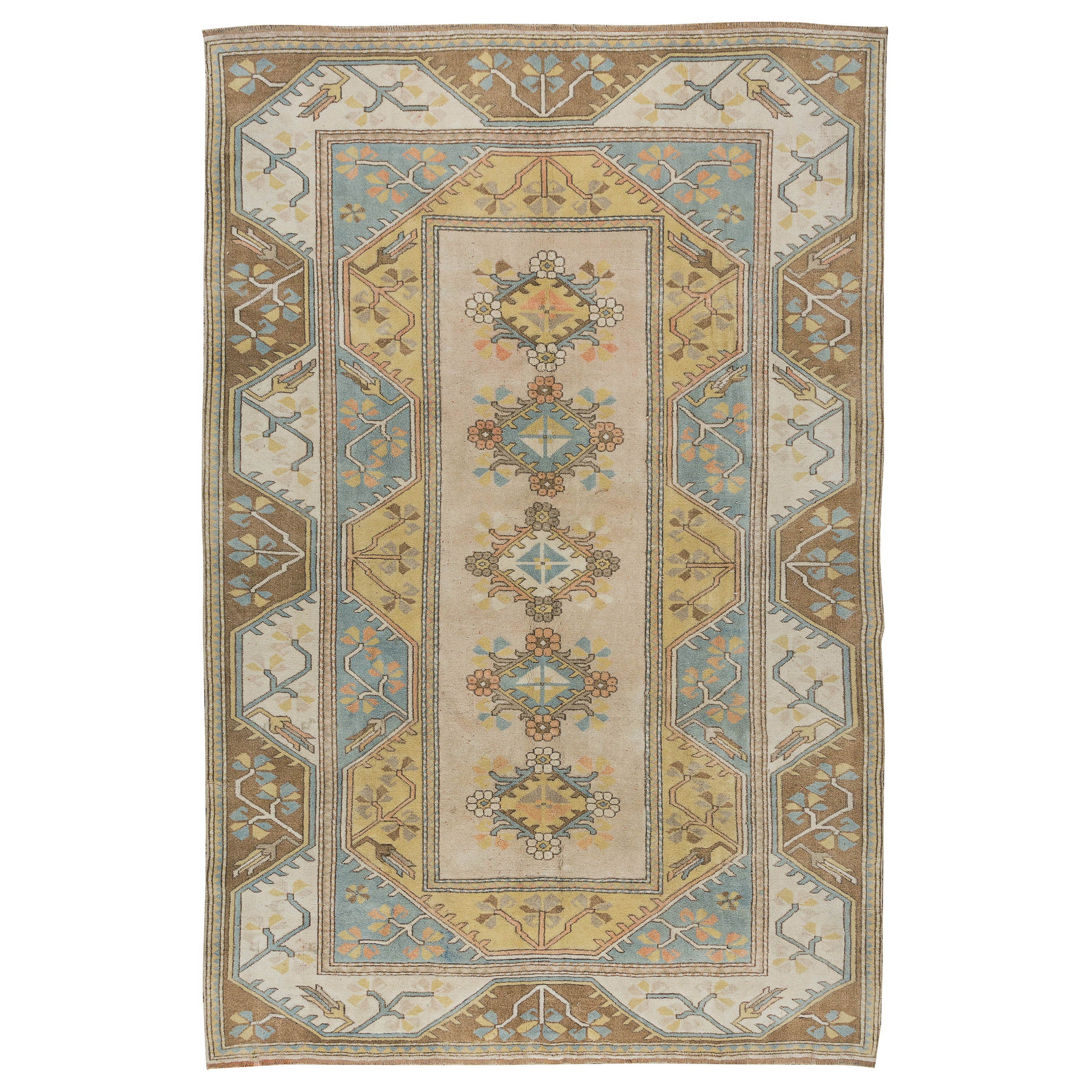 6.6x9.6 Ft türkischer Milas-Teppich im Vintage-Stil, handgeknüpfter Wollteppich mit geometrischem Muster