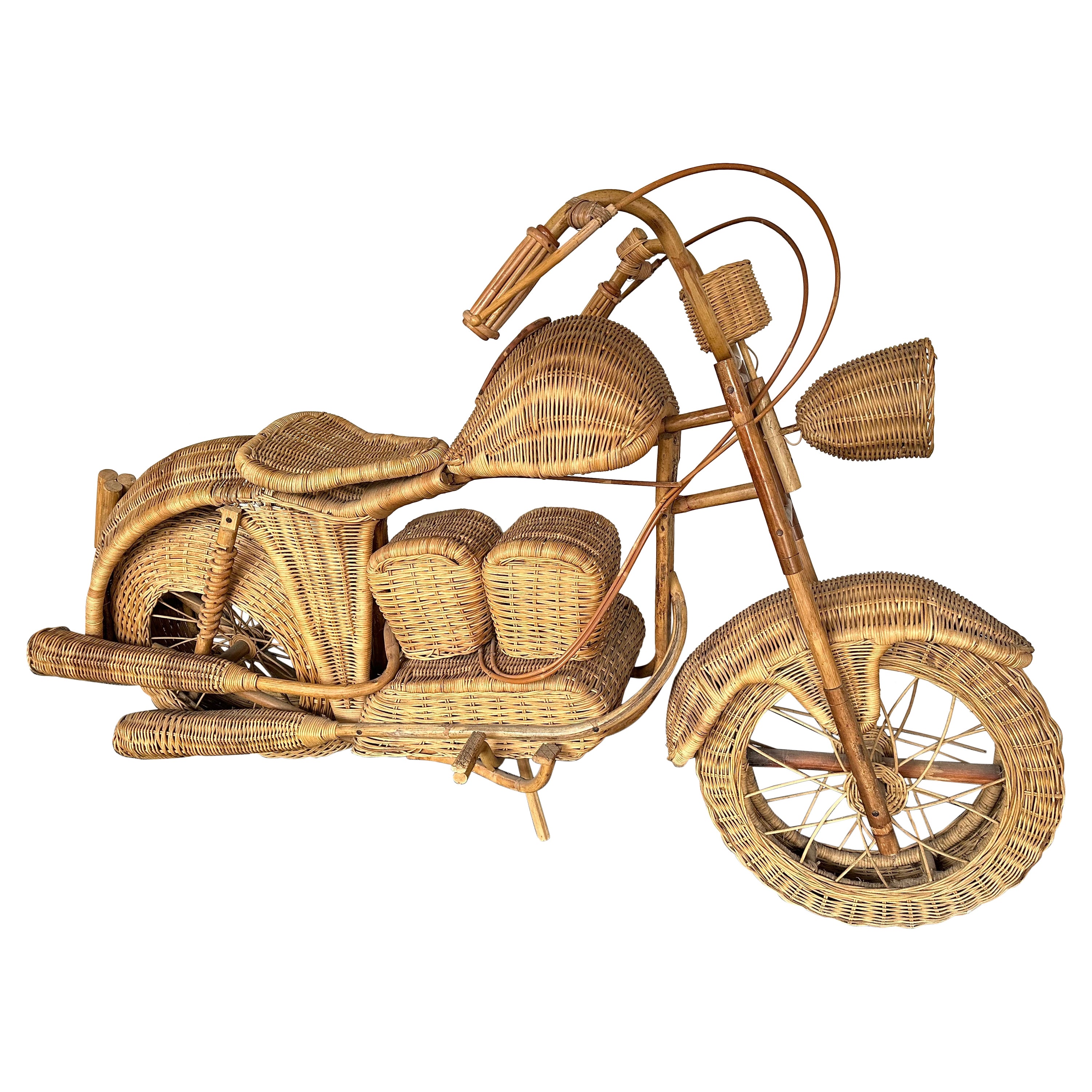 Large Rattan Decorative Motorcycle Sculpture. Italy, 1980s