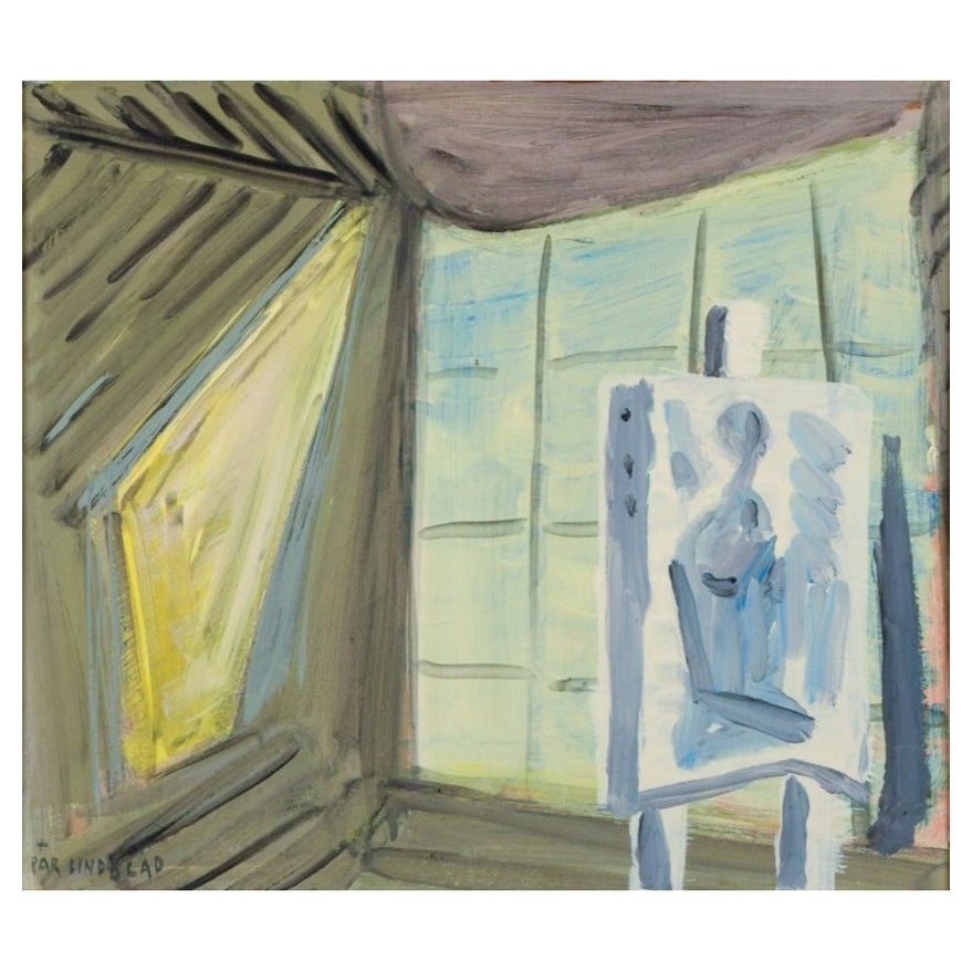 Pär Lindblad, Swedish artist. Oil on cardboard. "In the Studio." Mid-20th C. For Sale