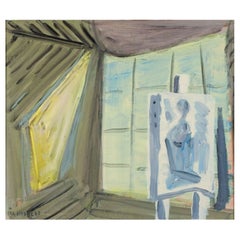 Pär Lindblad, Swedish artist. Oil on cardboard. "In the Studio." Mid-20th C.