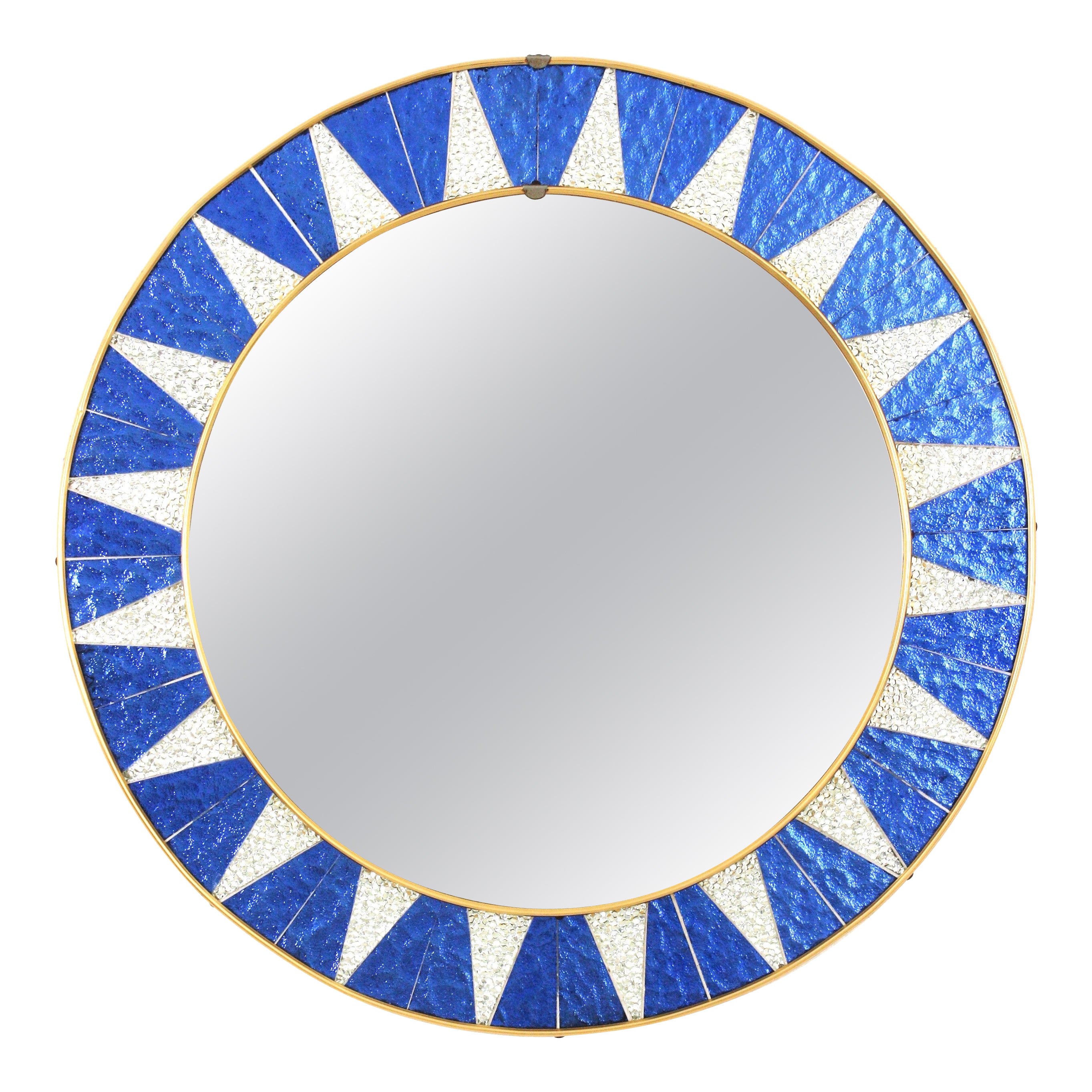 Sunburst Mirror with Blue and Silvered Mosaic Glass Frame, Spain, 1960s