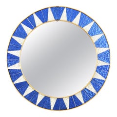 Retro Sunburst Mirror with Blue and Silvered Mosaic Glass Frame, Spain, 1960s