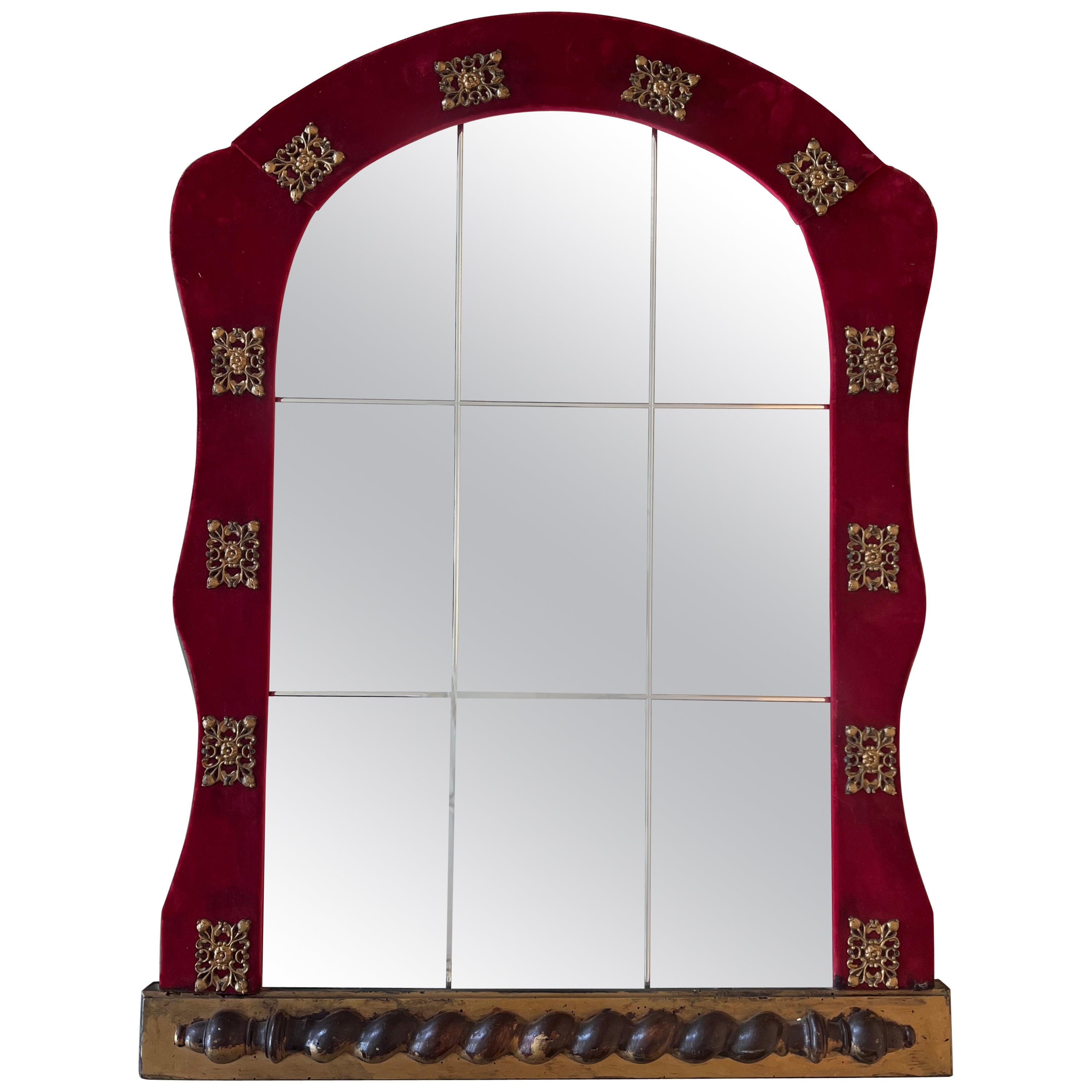 Spanish Neoclassical Wall Mirror with Antique Red Velvet Frame with bronze  For Sale