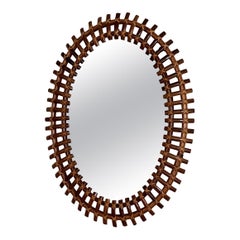Italian Midcentury Oval Wall Mirror With Bamboo Rattan Frame, 1960s