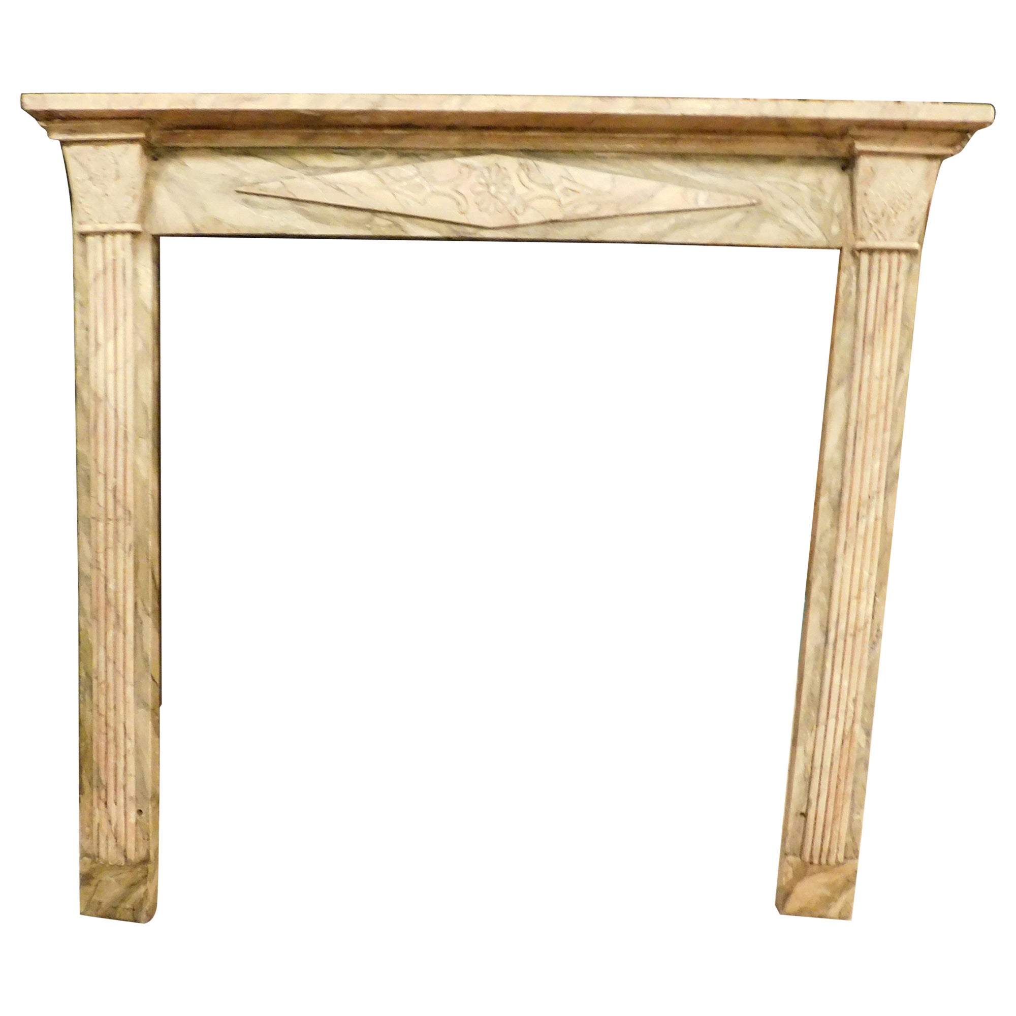 Vintage mantel fireplace, in faux marble lacquered and carved wood, Italy For Sale