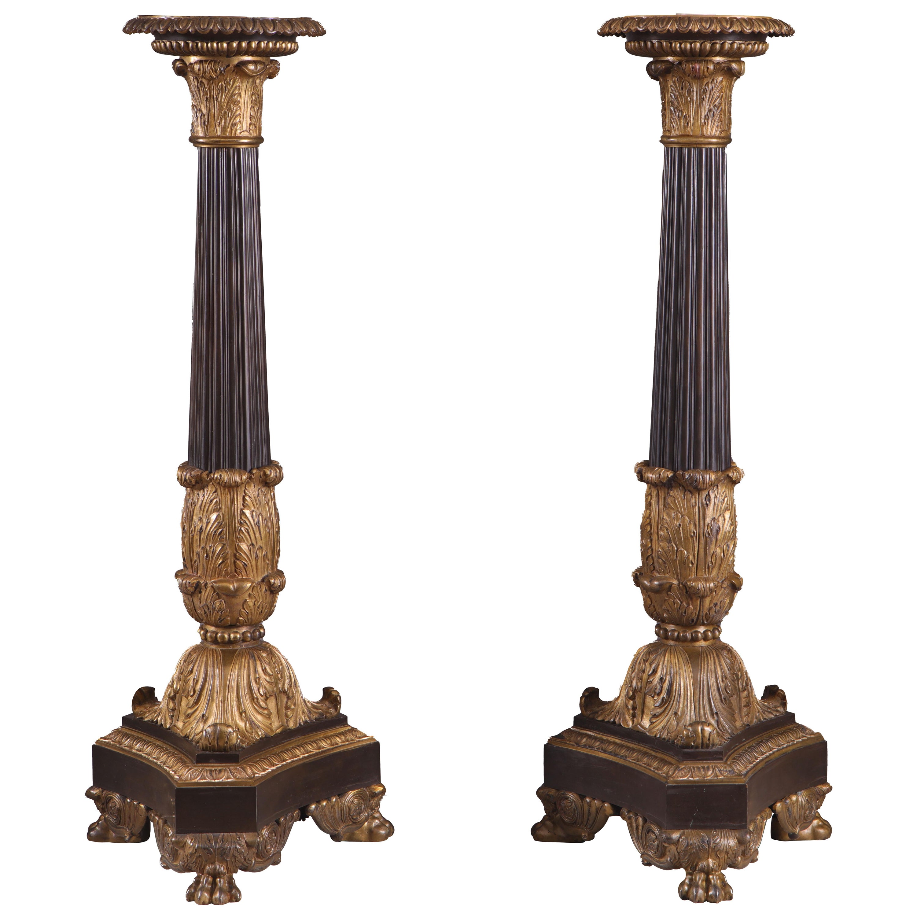 A pair of gilt bronze empire column 19th C table lamps For Sale
