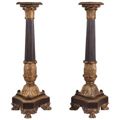 Antique A pair of gilt bronze empire column 19th C table lamps