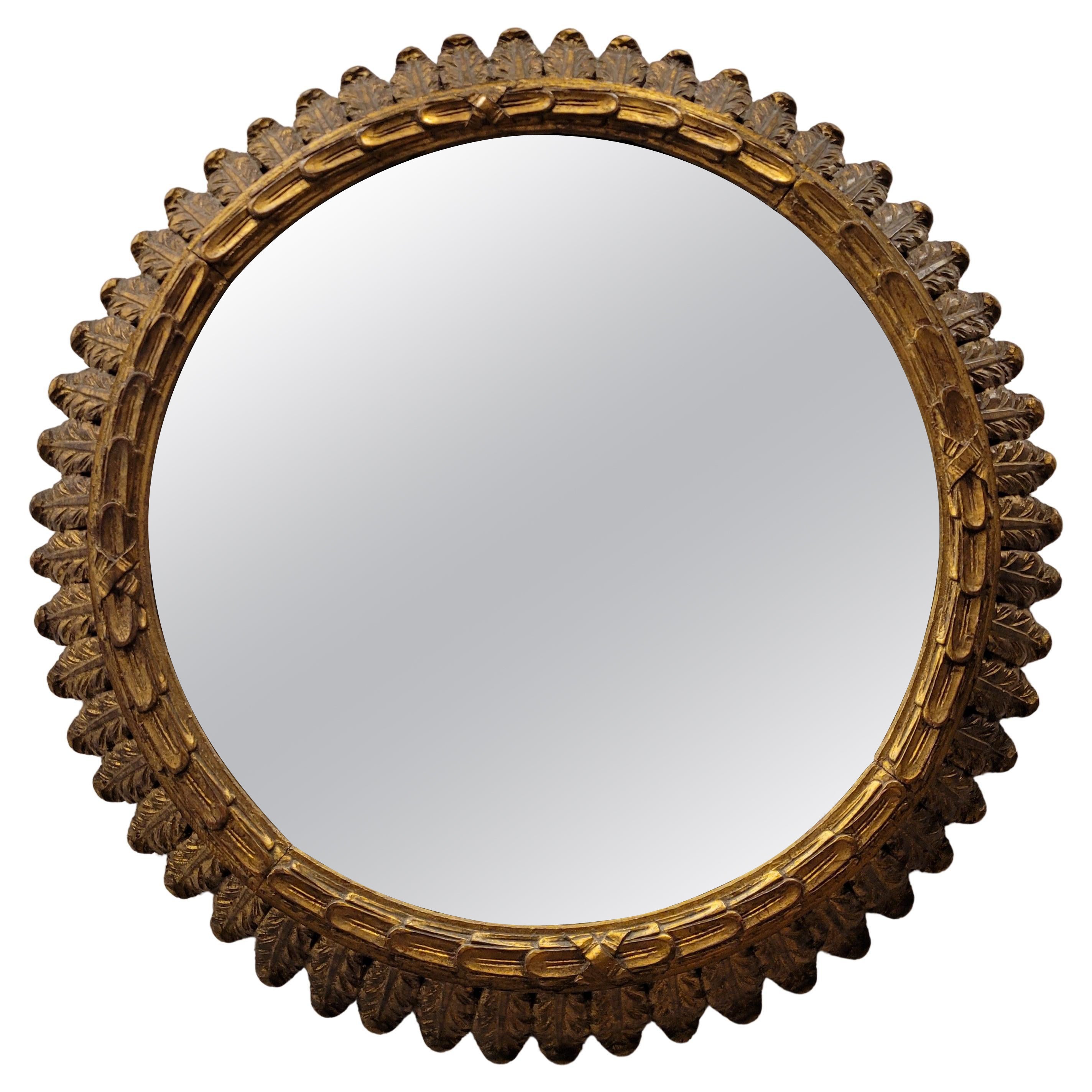 French round gilded wood Mirror, 40s  olive leaves For Sale