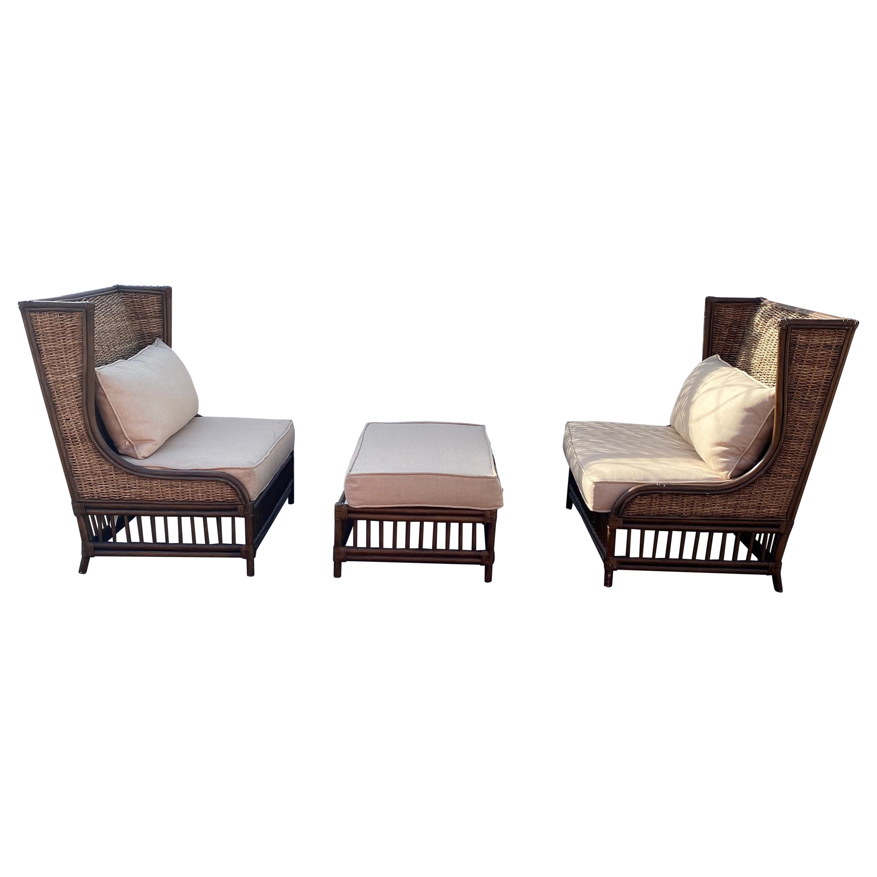 Rattan Wingback Settee Loveseat and Ottoman, set of 3 For Sale