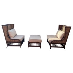 Used Rattan Wingback Settee Loveseat and Ottoman, set of 3