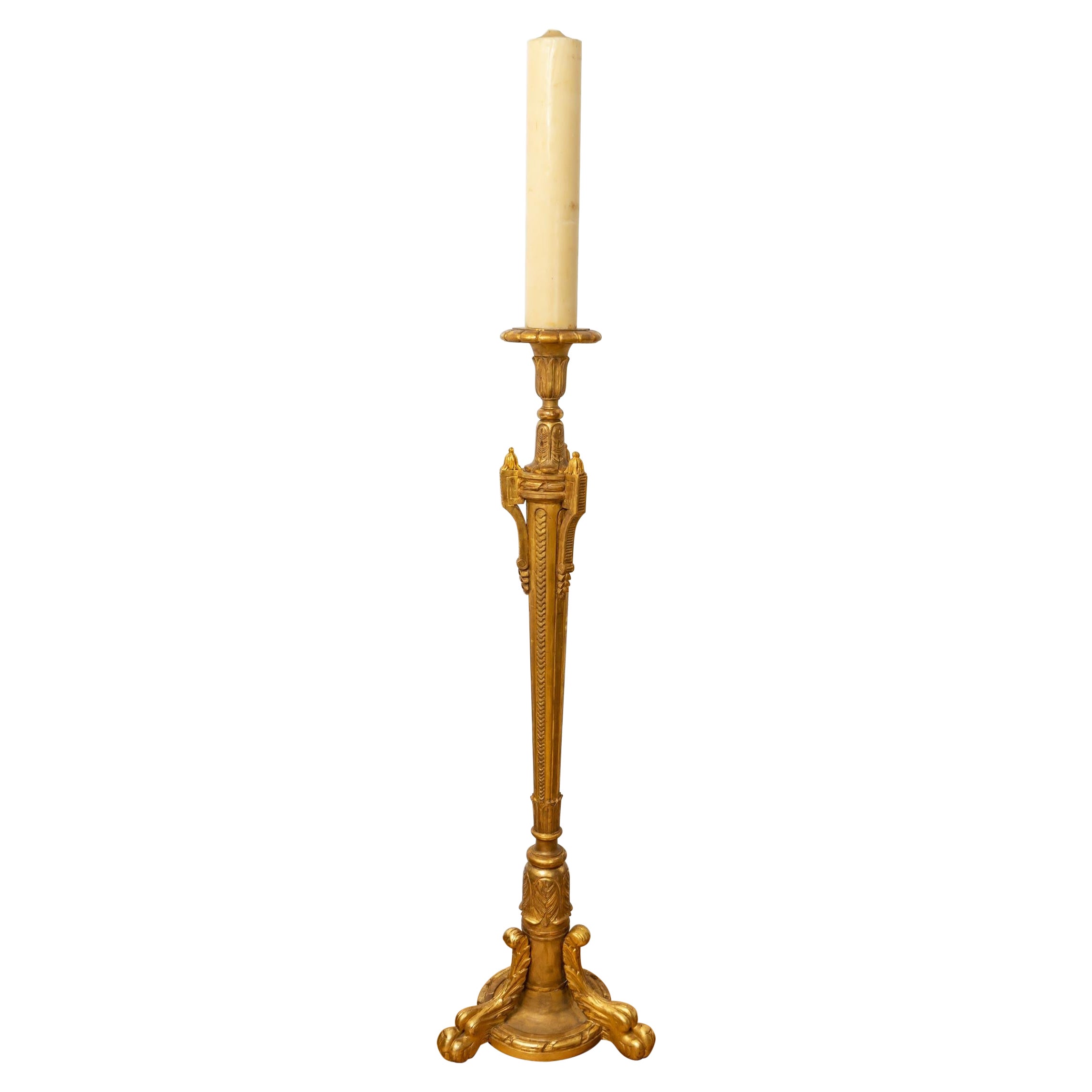 Large Pic Candle Or Verge Candlestick - Golden Wood With Leaf - Period: XIXth  For Sale