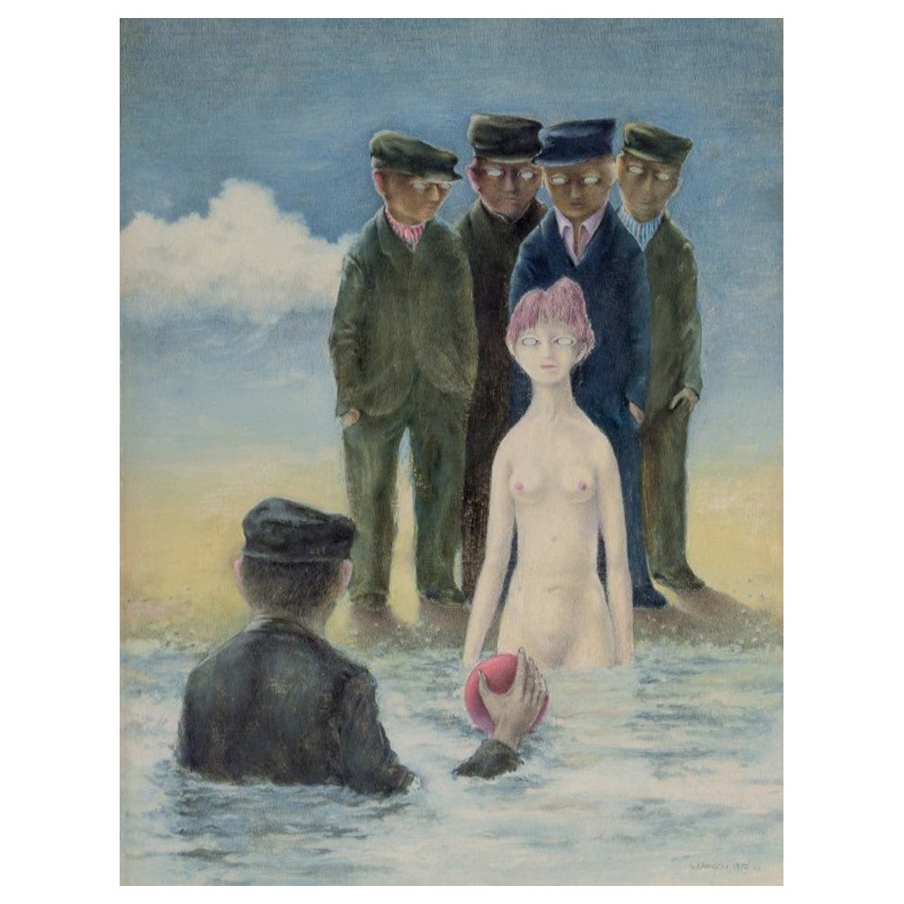 Uwe Bahnsen, German artist. Oil on paper. Surrealist painting with figures For Sale