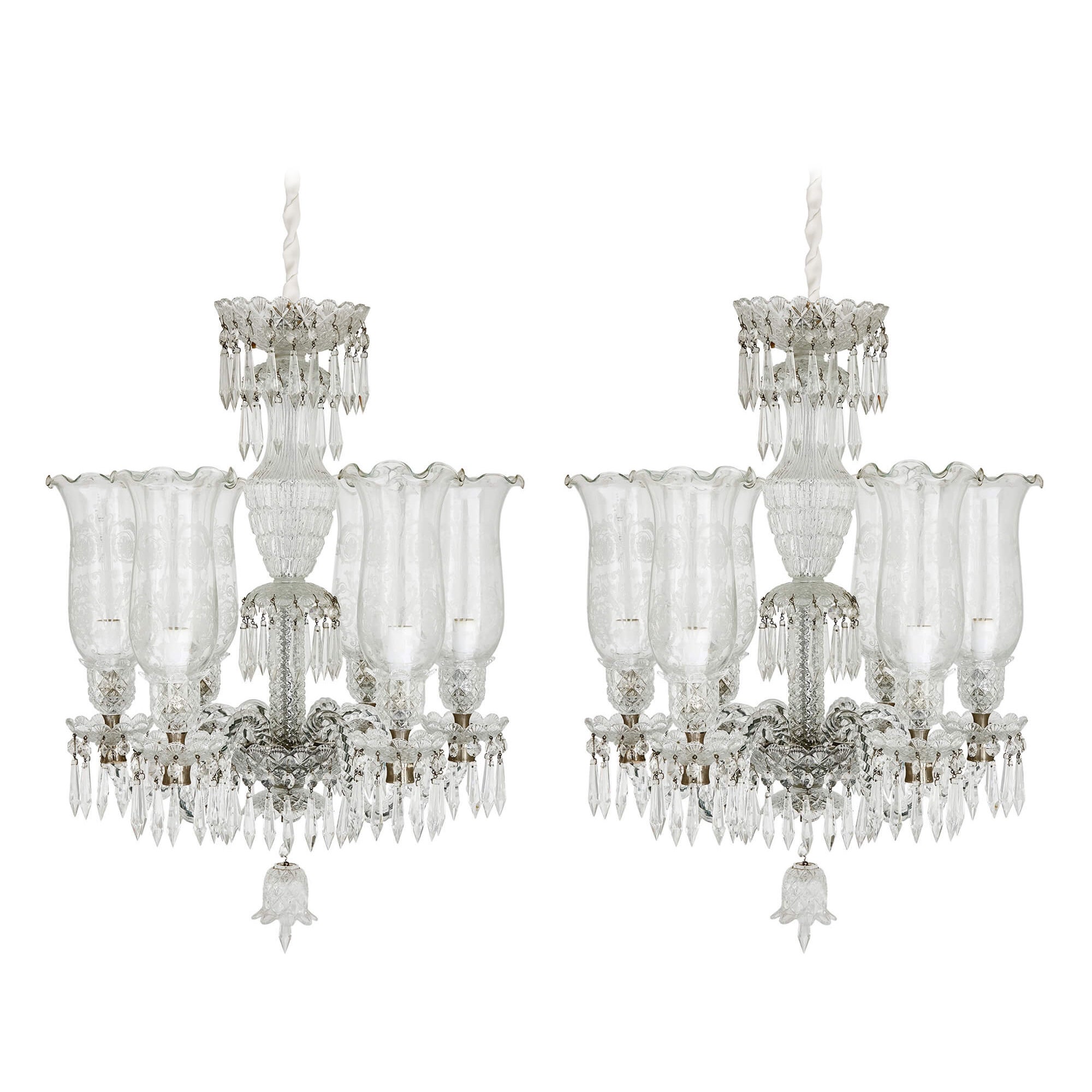 Pair of Clear Cut and Etched Glass 6-light Chandeliers For Sale