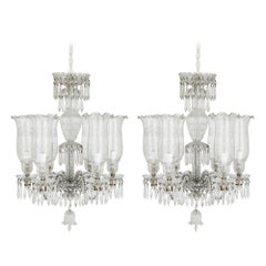 Pair of Clear Cut and Etched Glass 6-light Chandeliers
