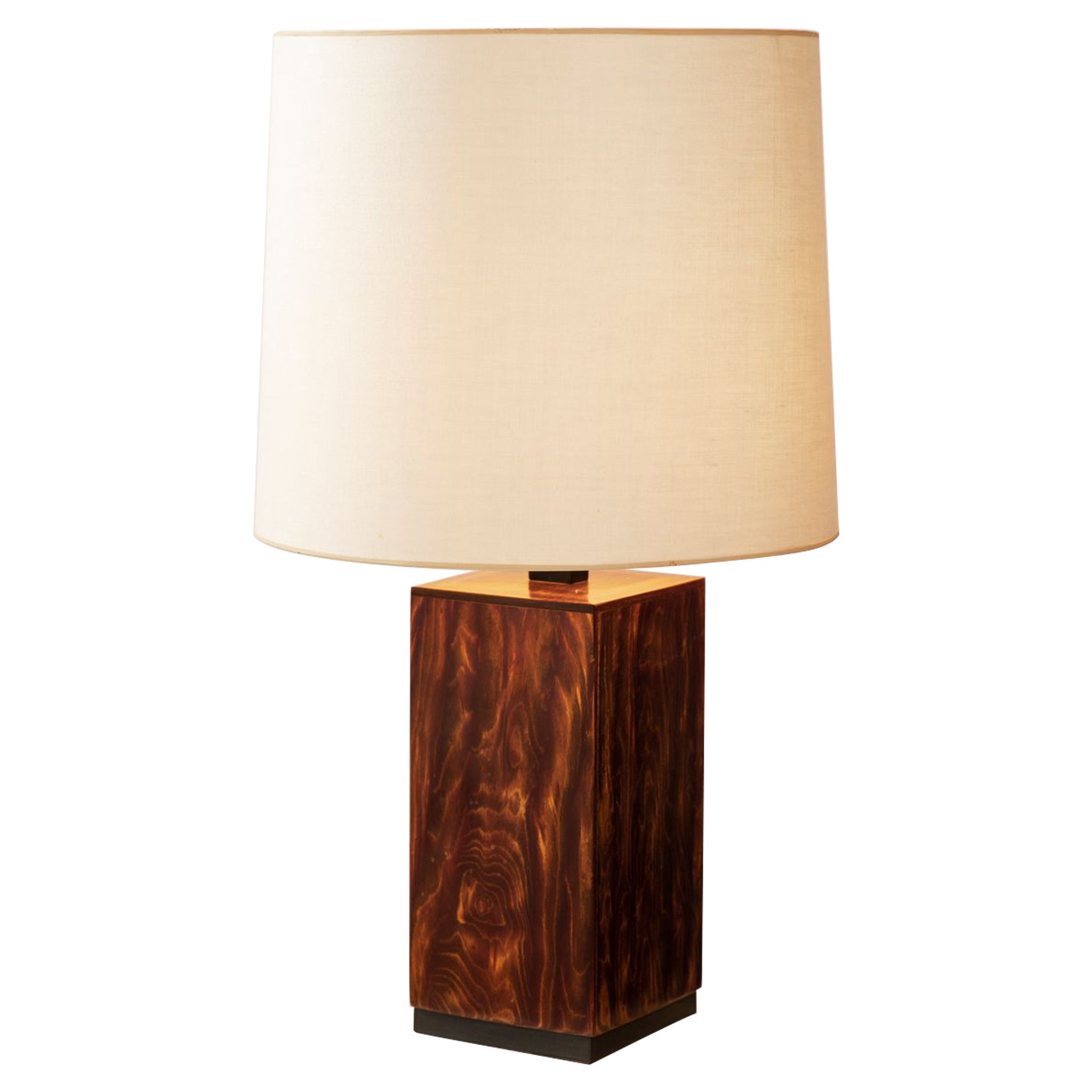 Chic Exotic Wood Lamp with Custom Linen Shade For Sale