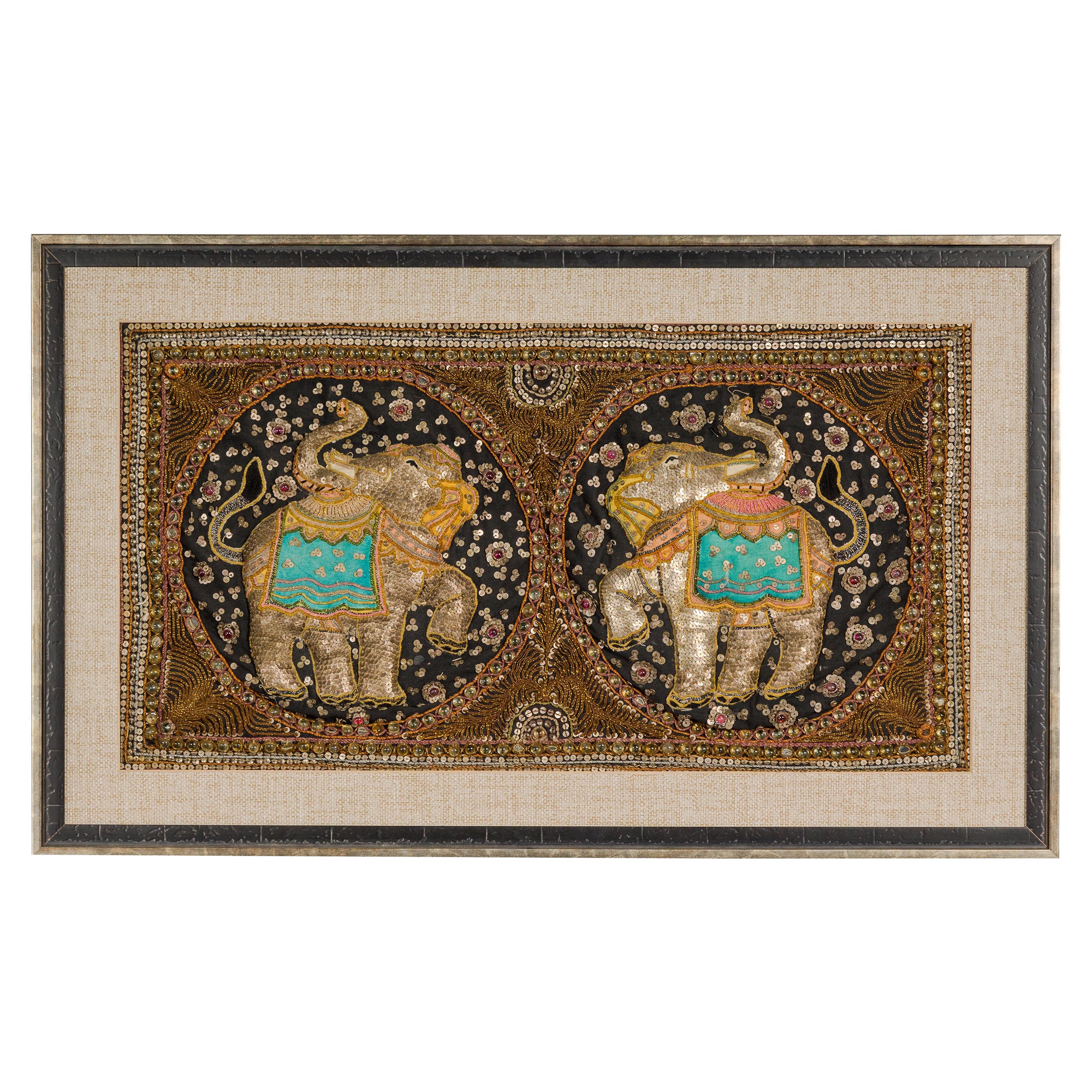 19th Century Double Elephant Kalaga Tapestry with Sequins in Custom Frame