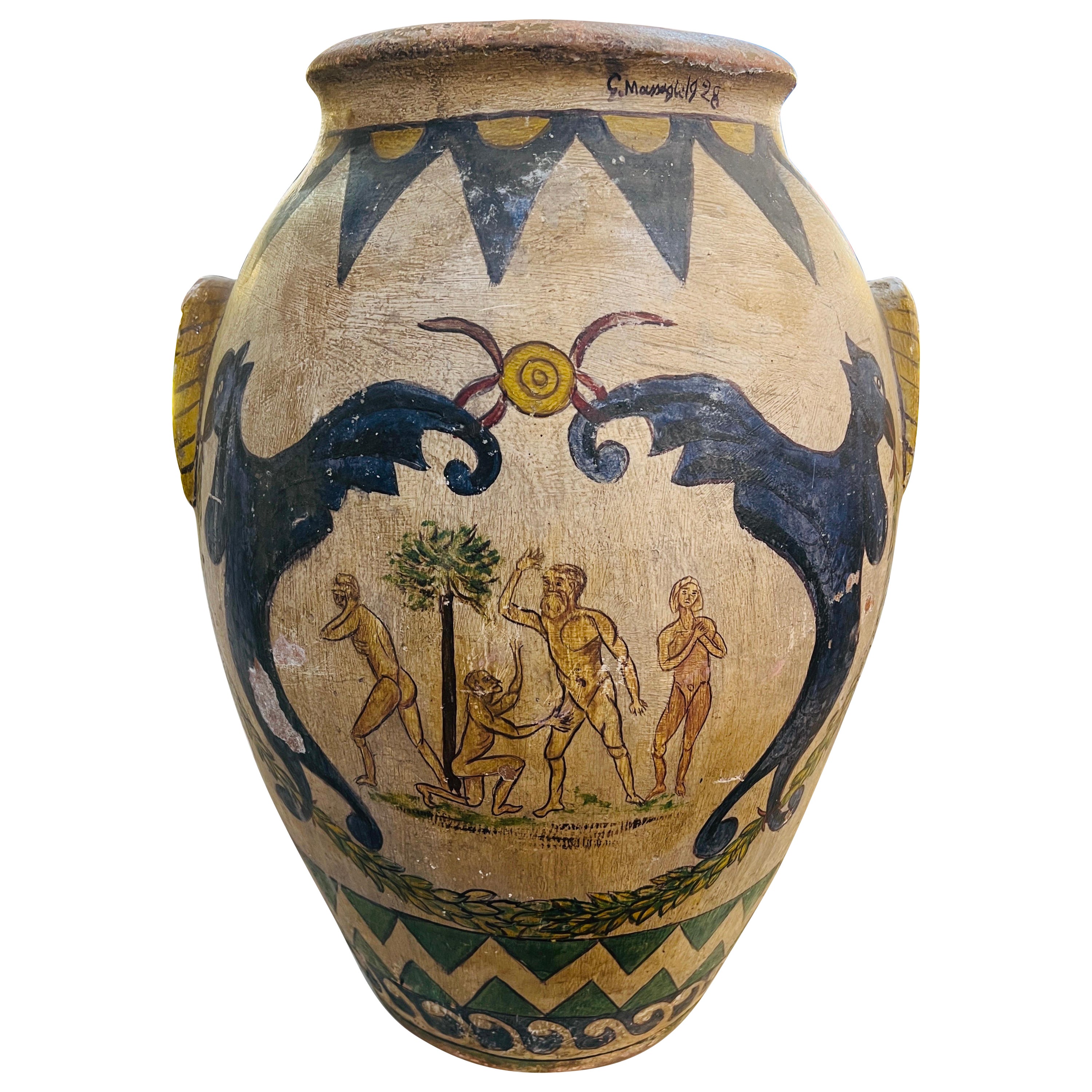 Outstanding large hand painted terracotta urn  For Sale