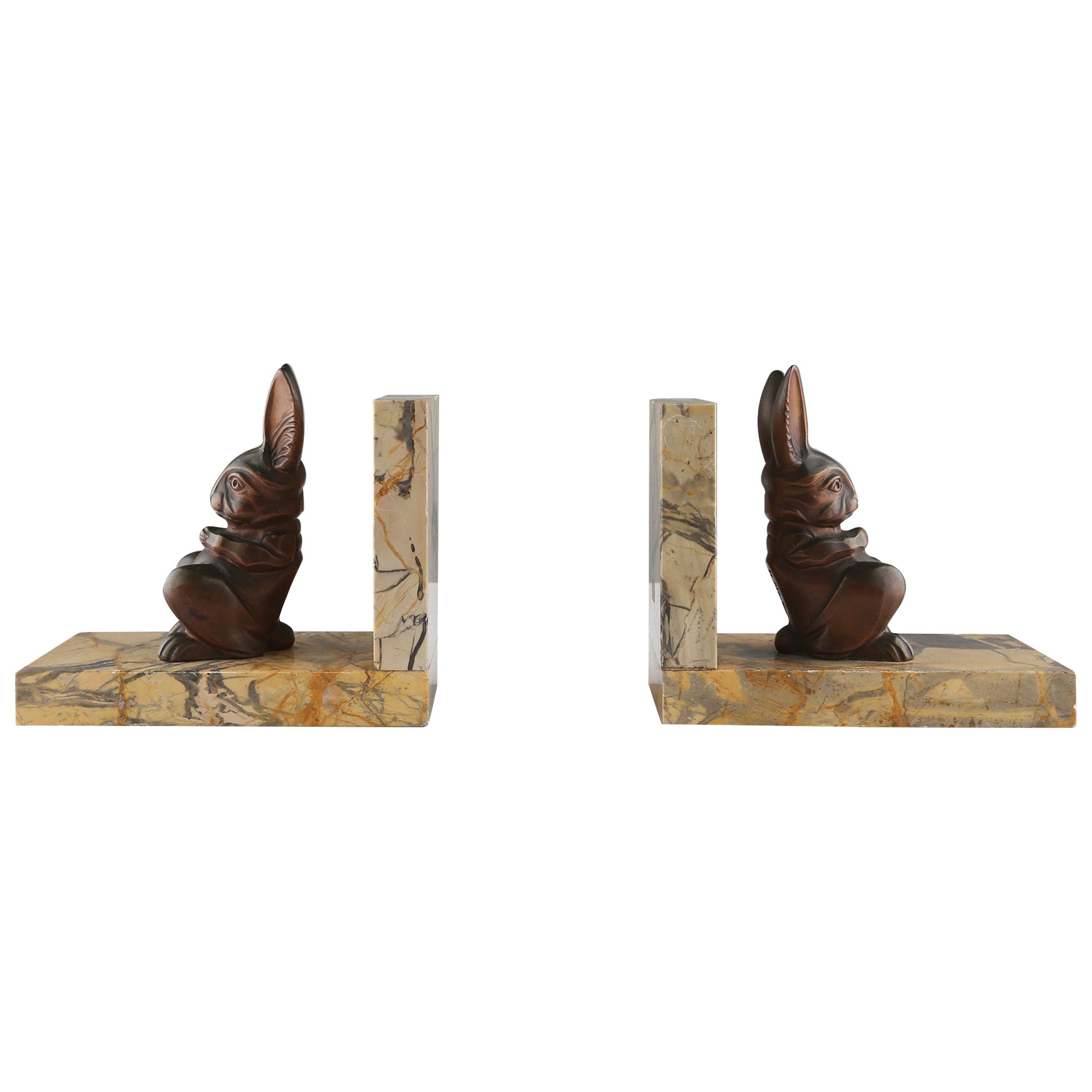 Marble and bronze rabbit bookends 1930s